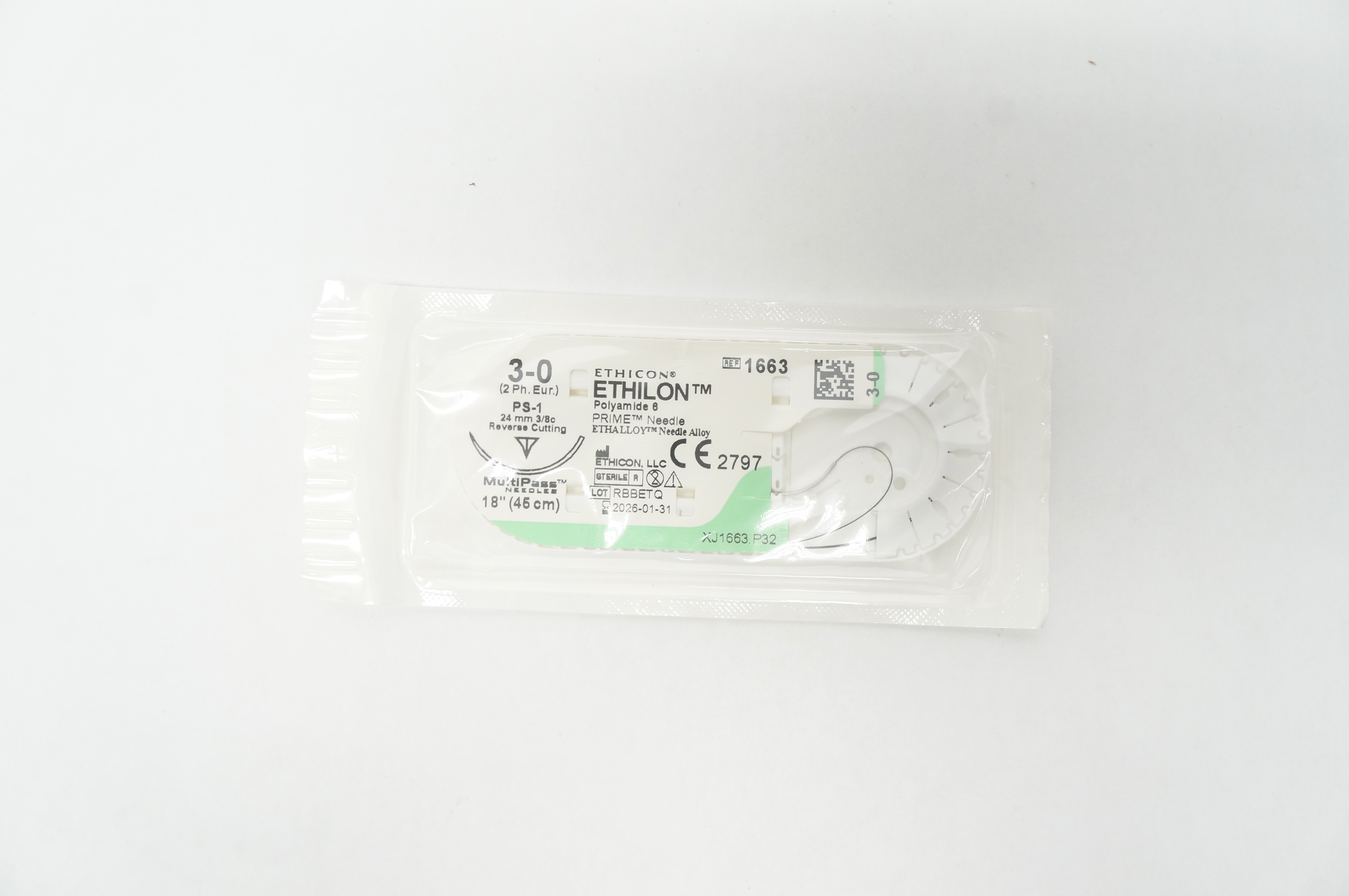Ethicon 1663 3-0 Ethilon Polyamide6 Stre PS-1 24 mm 3/8c Reverse Cutting 18 inch