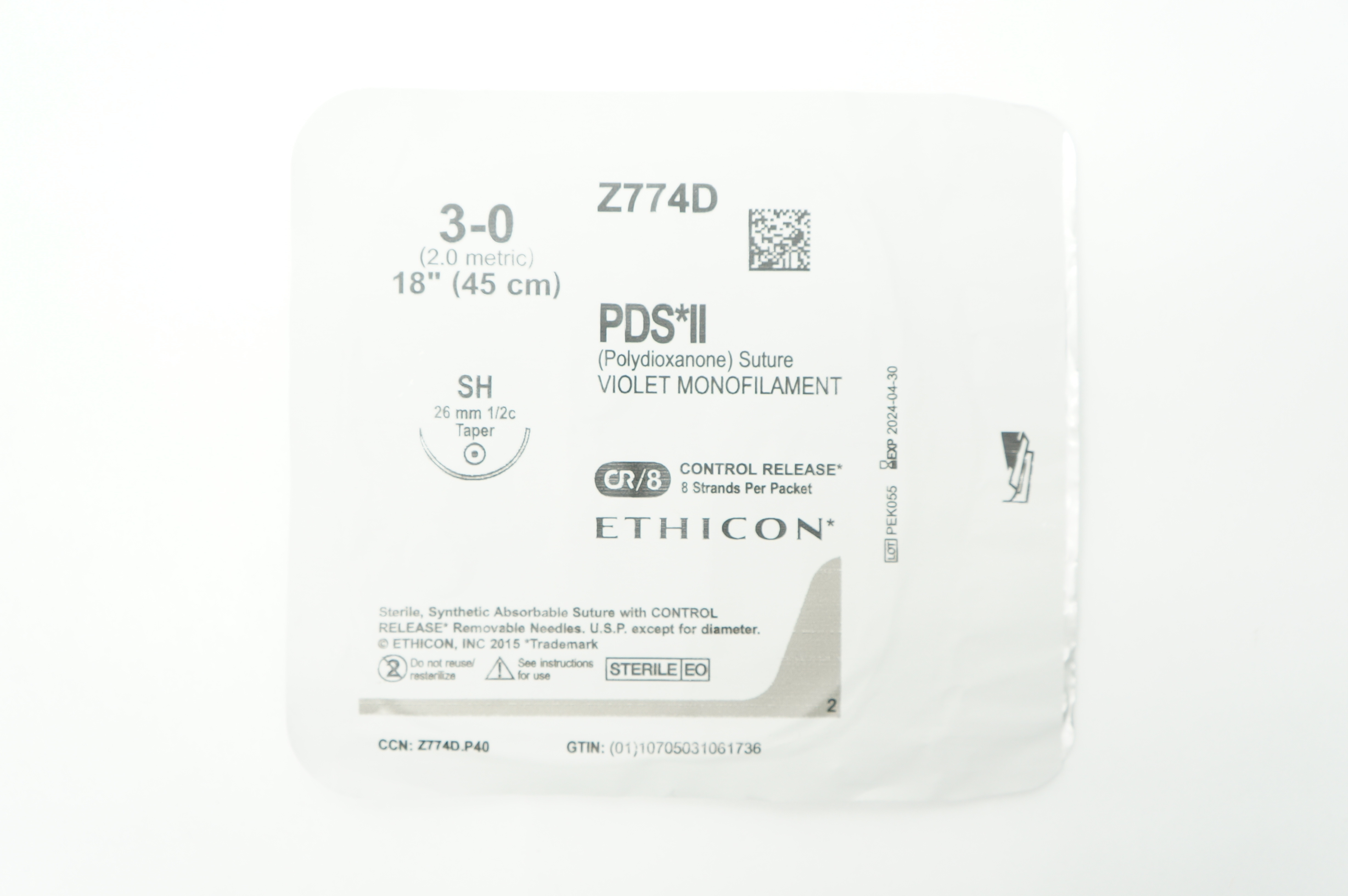 Ethicon Z774D 3-0 PDS II VIOLET MONOFILAMENT, SH, 26mm 1/2c Taper 18inch