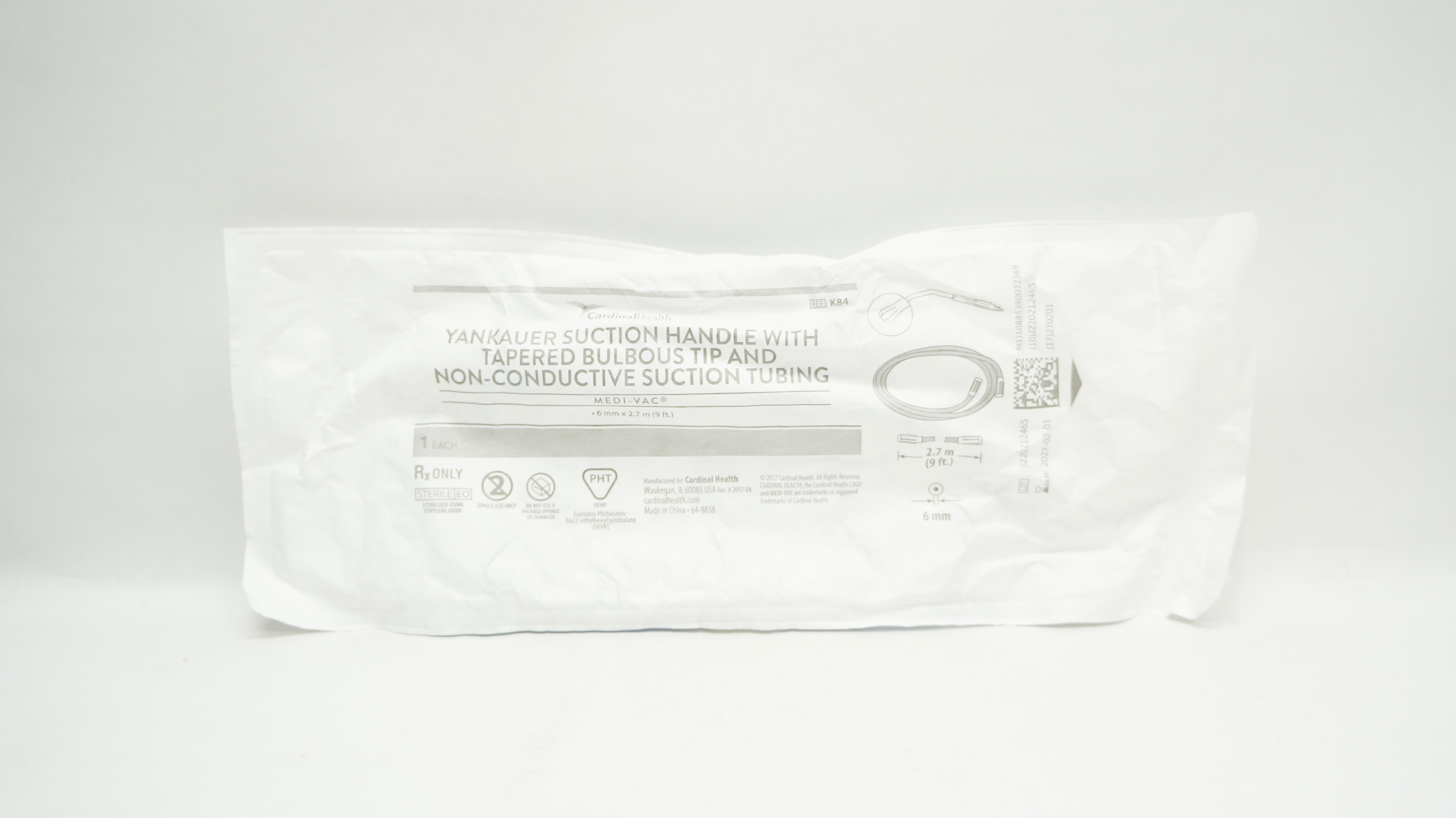 Cardinal Health K84 Yankauer Suction Handle with Tapered Bulbous Tip 6mm x 9Ft.