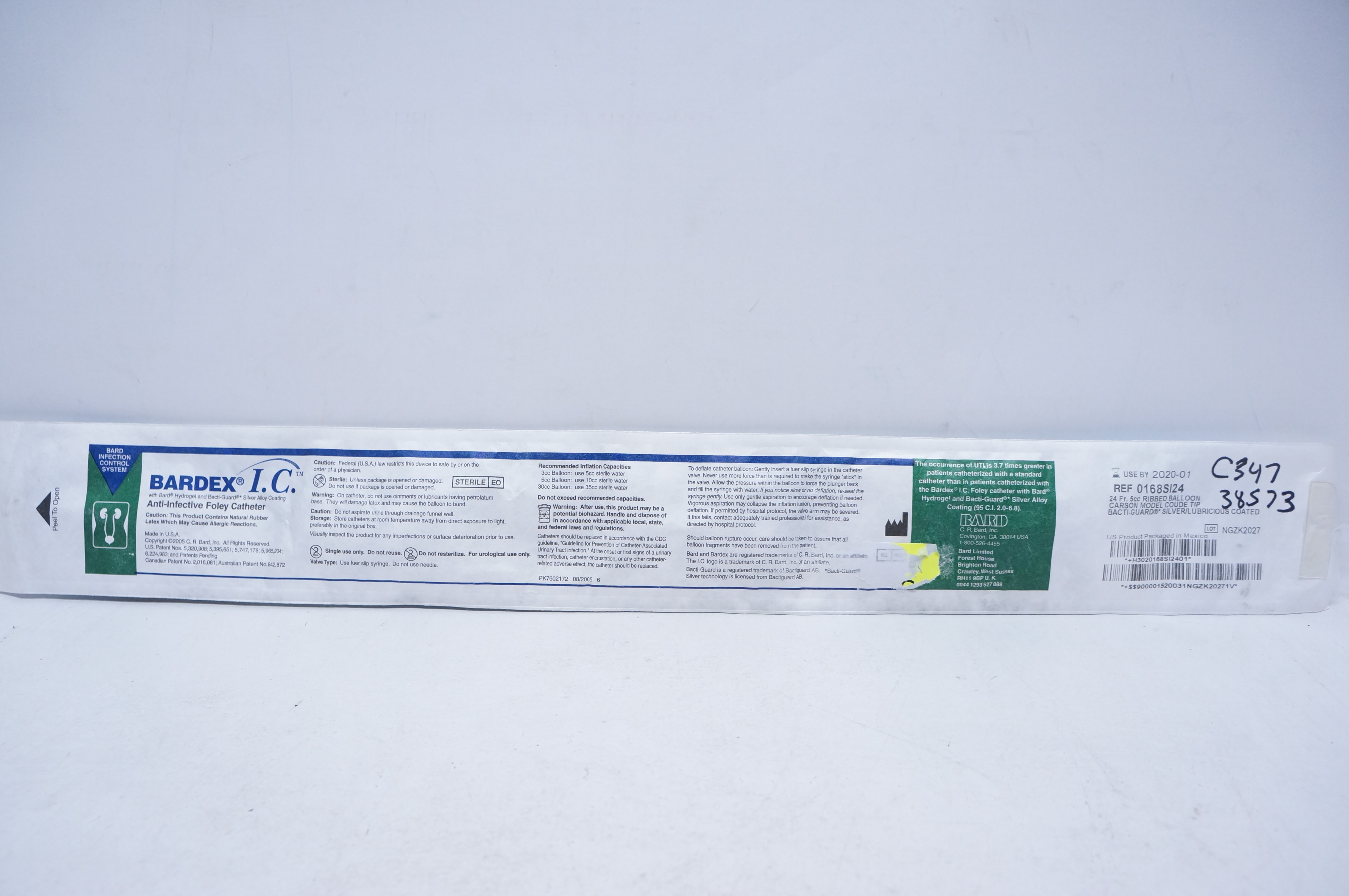 Bard 0168SI24 Anti-Infective Foley Cath. 24Fr. 5cc Ribbed Balloon (x)