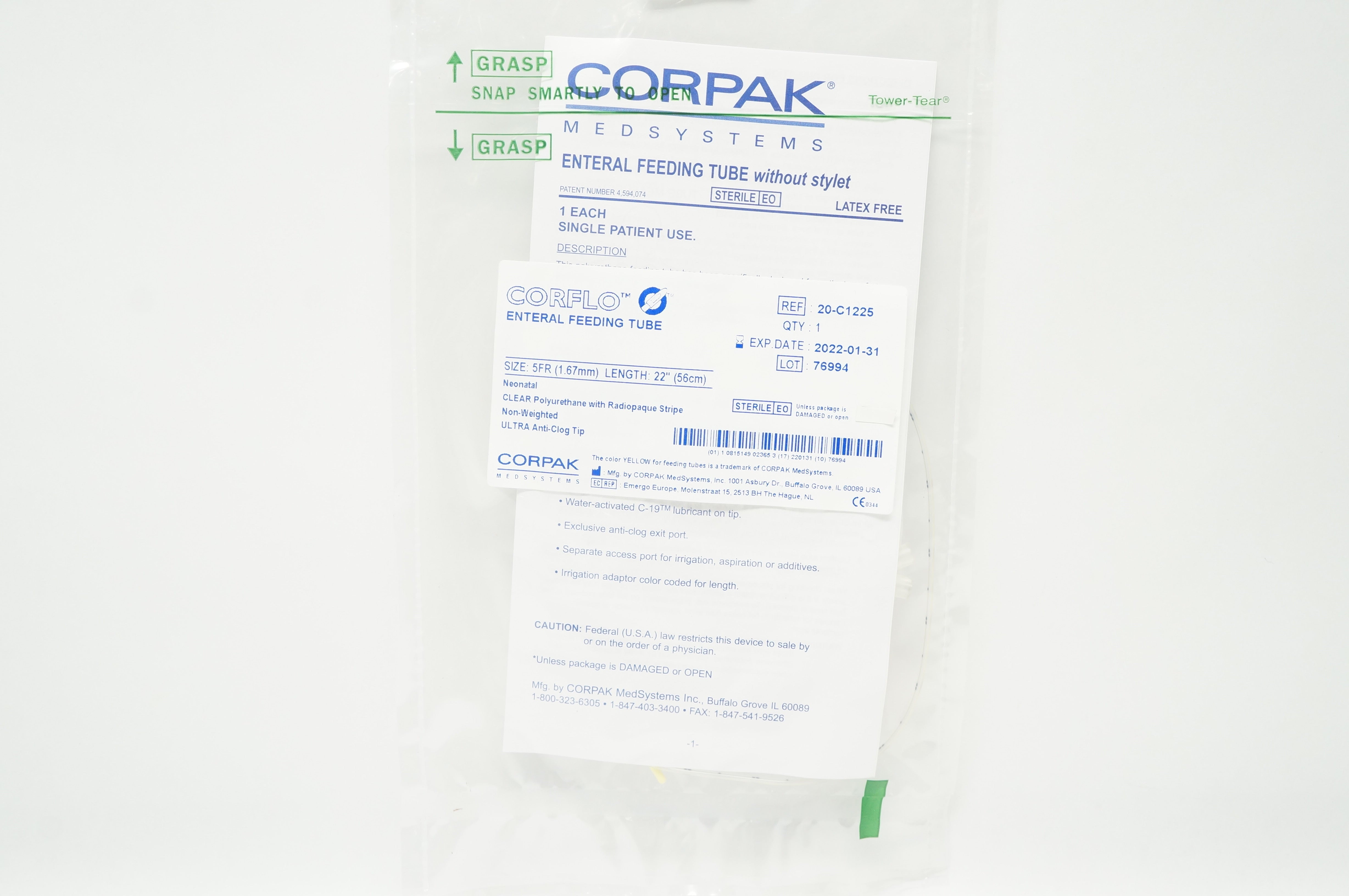 Corpak 20-C1225 Corflo Ultra Lite Clear 5Fr 22inch
