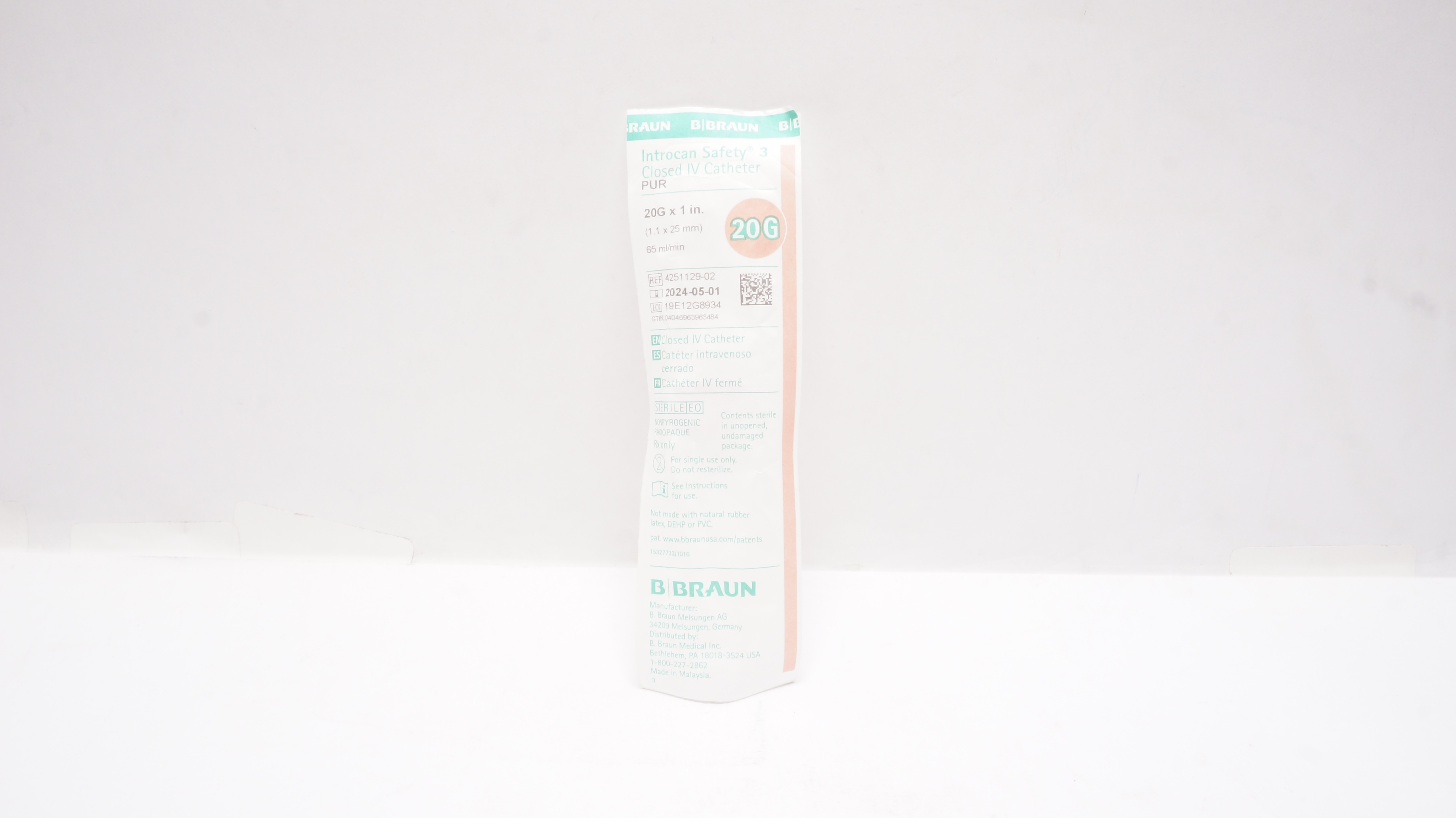 Braun 4251129-02 Introcan Safety 3 Closed IV Cath. PUR 20G x 1 inch x 65mL/min