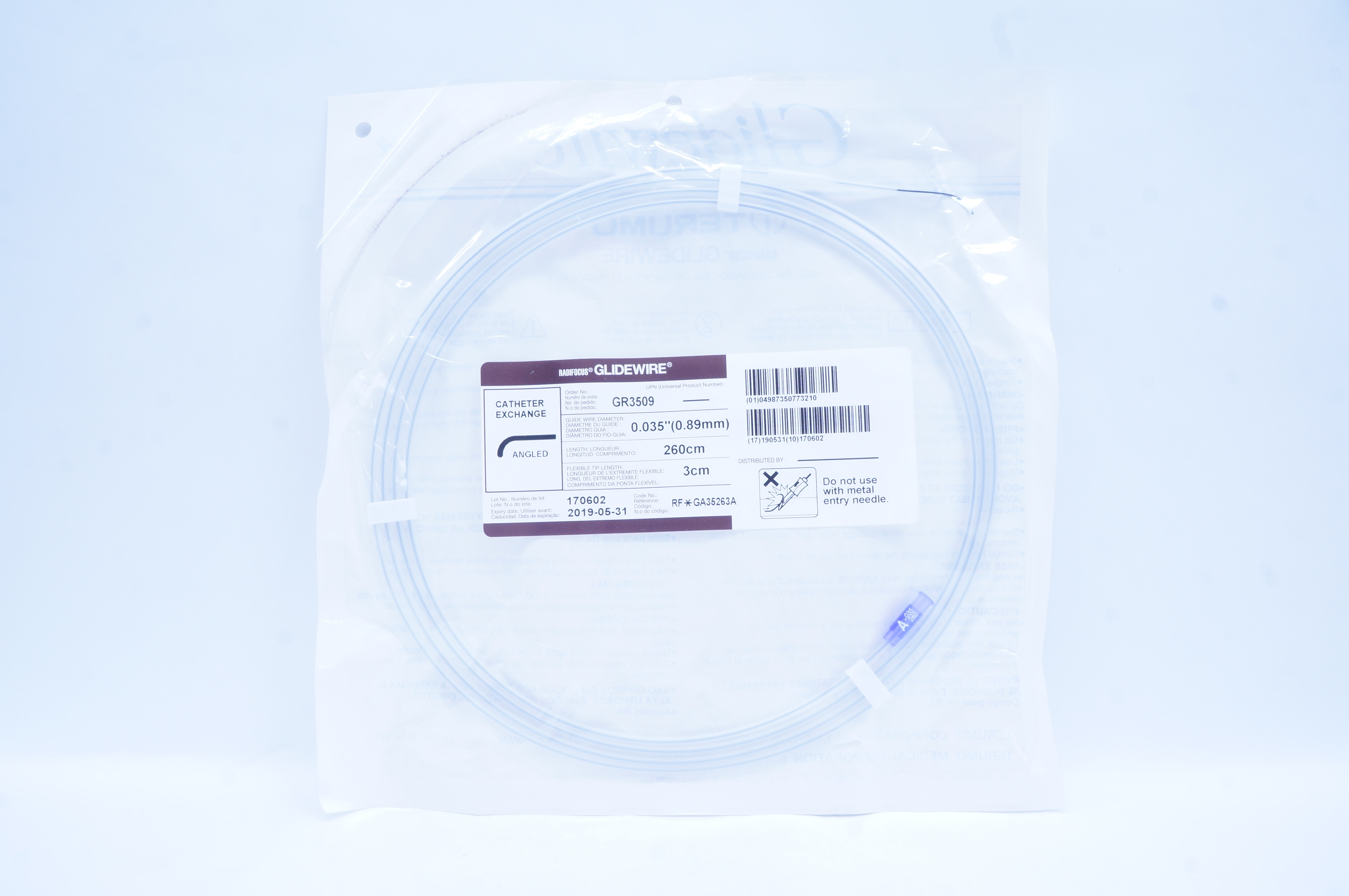 Terumo GR3509 Radifocus Glidewire Cath. Exchange Angled 0.035inch x 260cm (x)