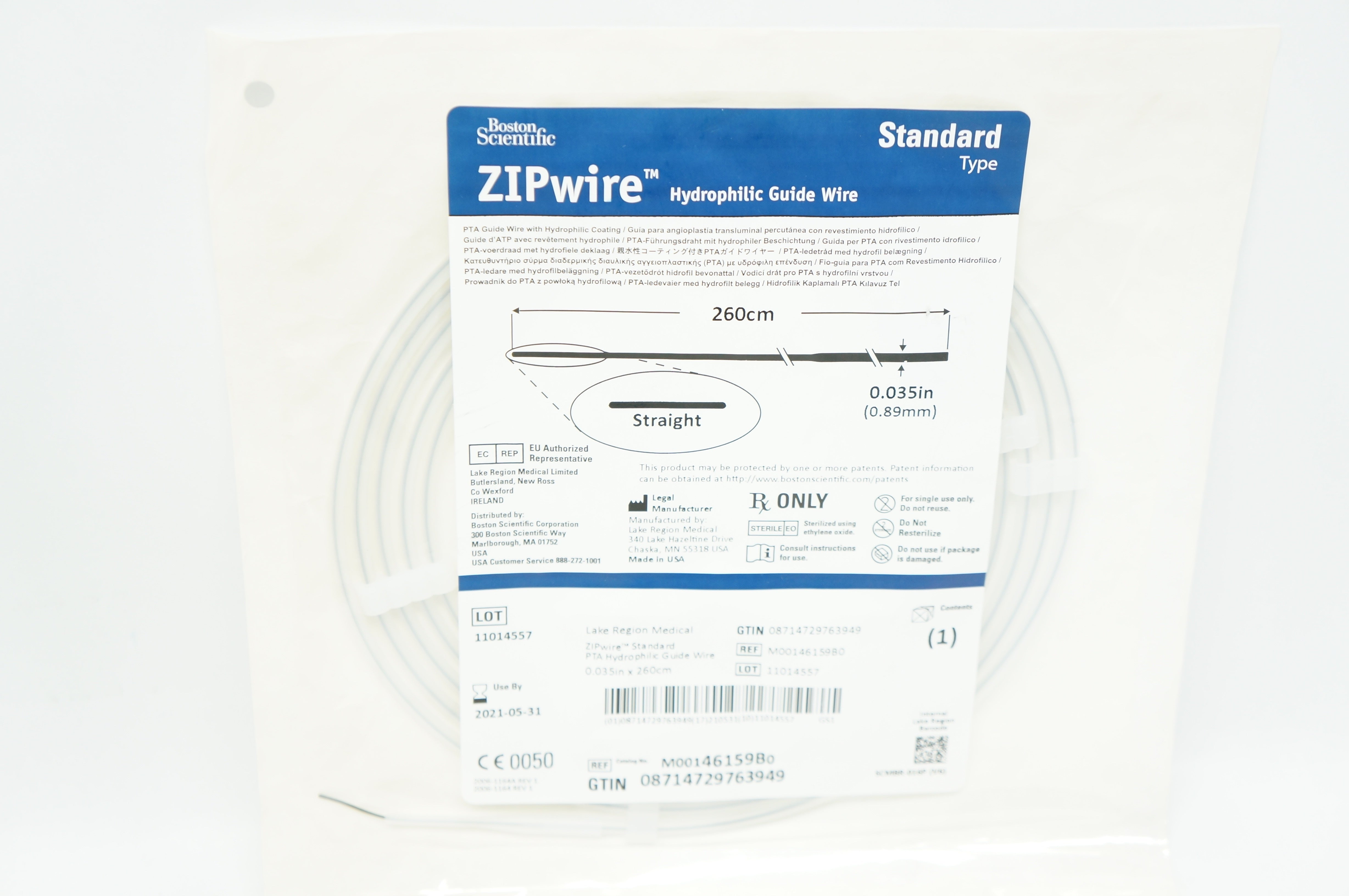 Boston Scientific M00146159B0 ZIPwire Hydrophilic GuideWire 0.035in x 260cm (x)