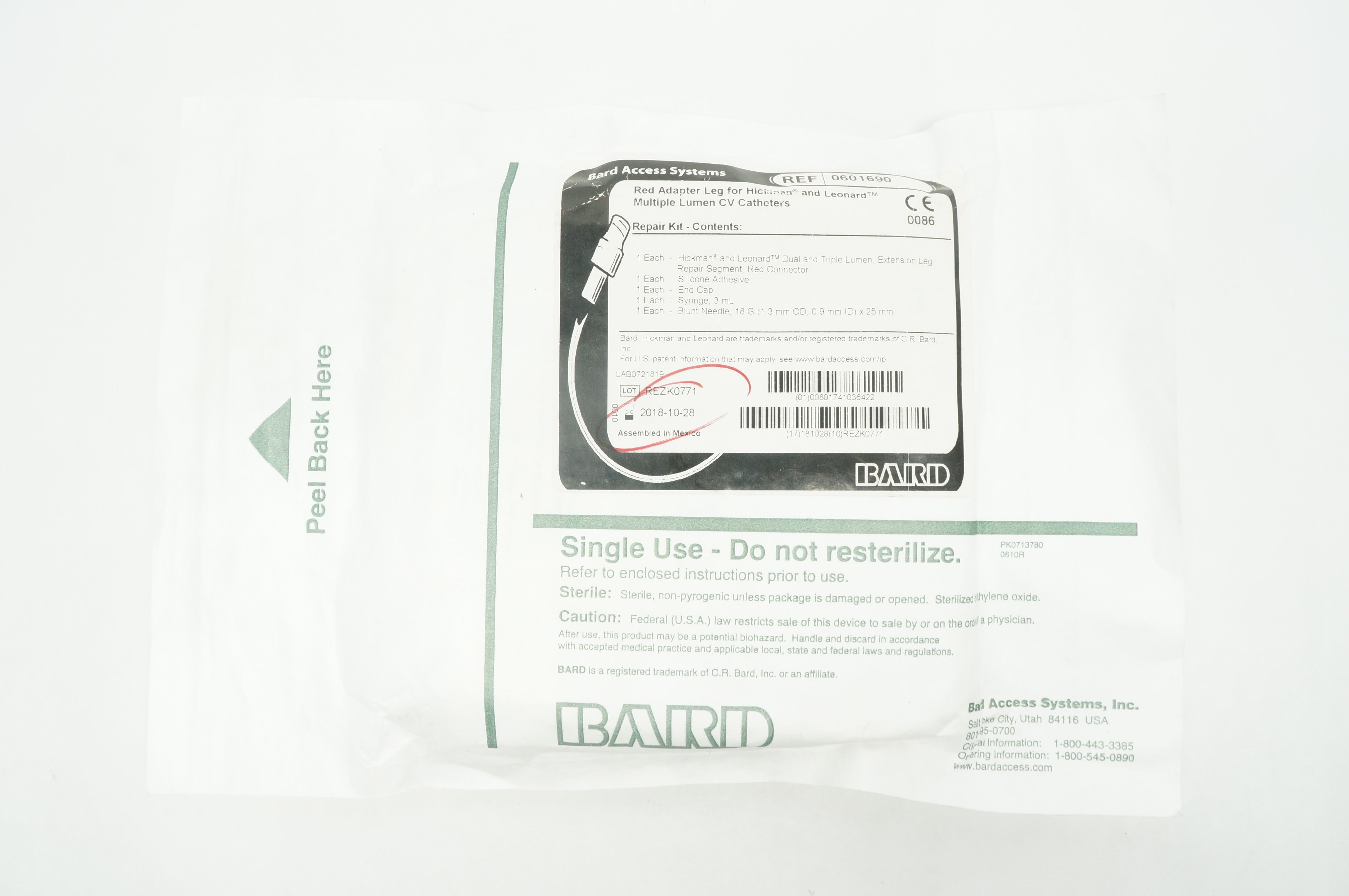 Bard 0601690 Red Adapter Leg For Hickman & Leonard Multiple Lumen CV Cath. (x)