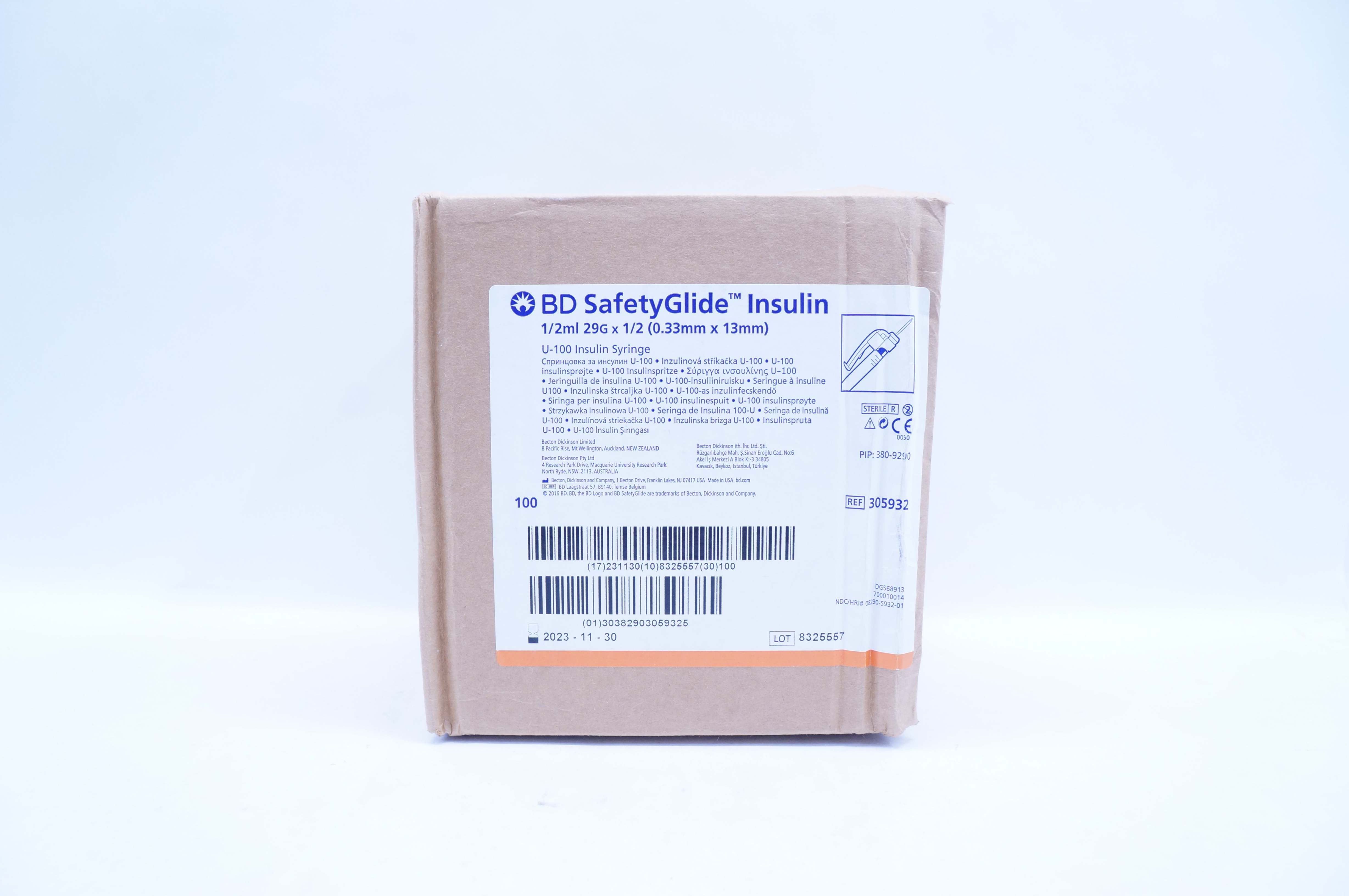 BD 305932 SafetyGlide U-100 Insulin Syringe 1/2ml 29G x 1/2 - Box of 100
