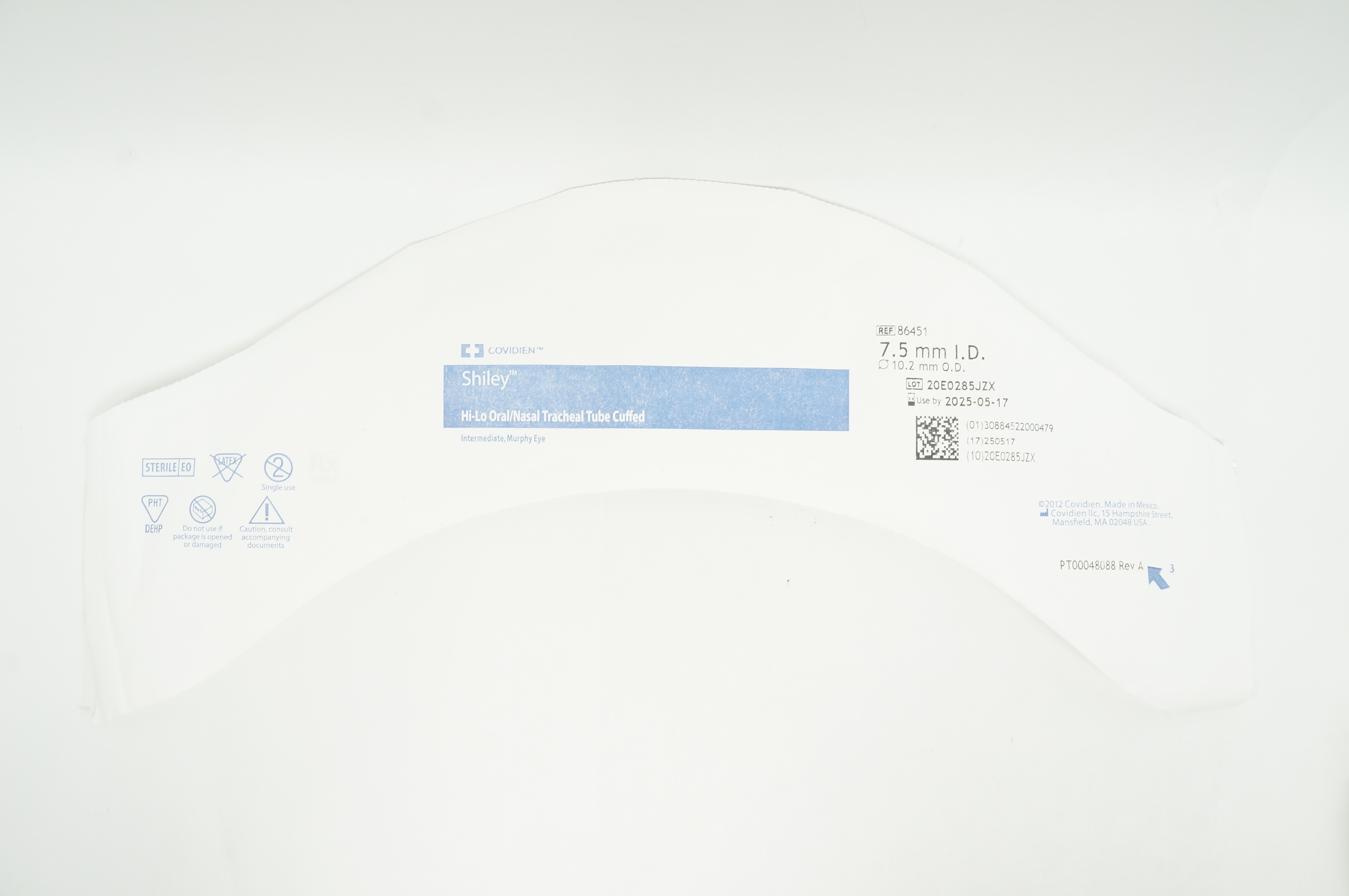 Covidien 86451 Shiley Hi-Lo Oral/Nasal Tracheal Tube Cuffed 7.5mm x 10.2mm