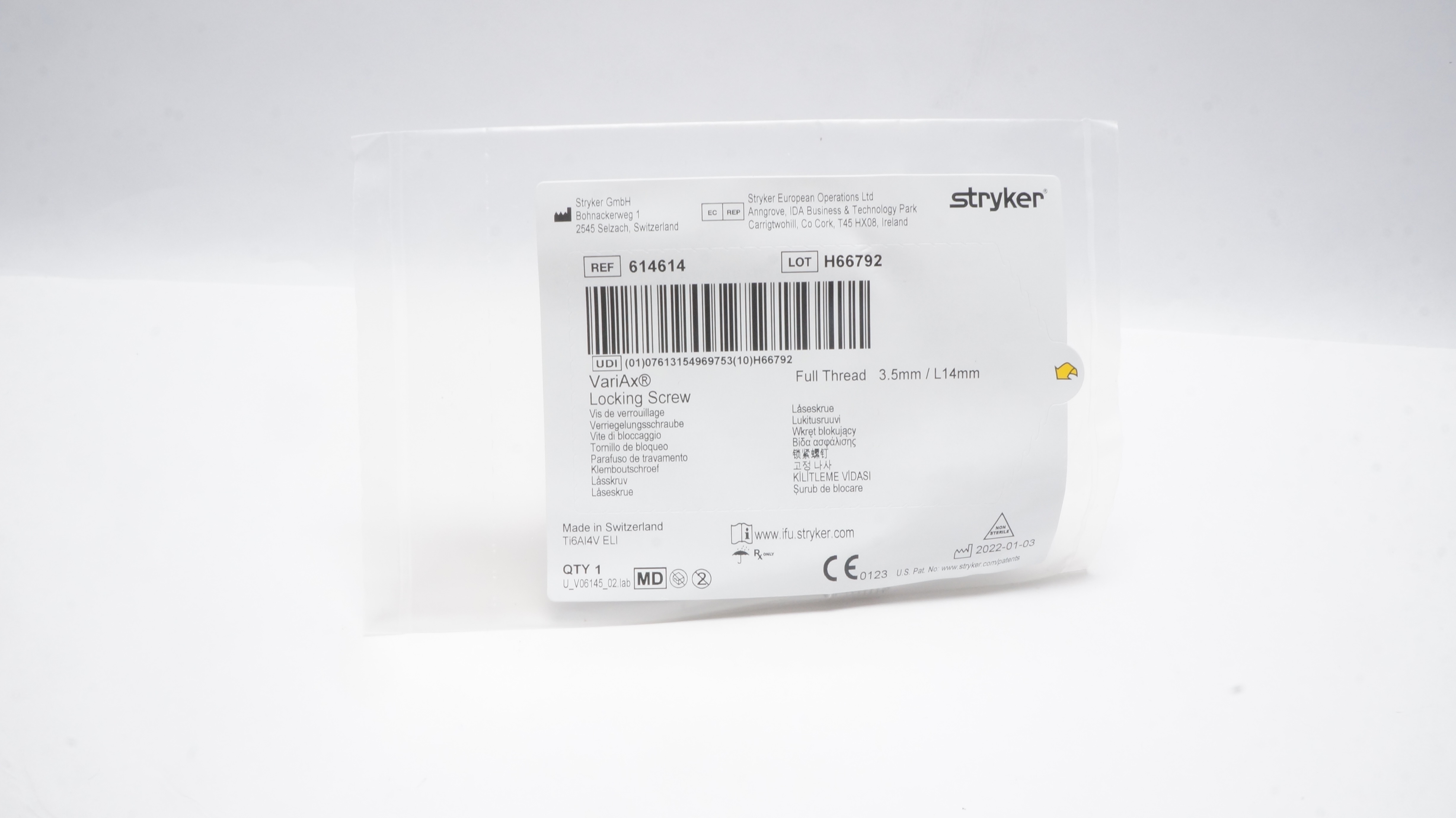 Stryker 614614 VariAx Locking Screw , Full Thread 3.5mm/ L14mm