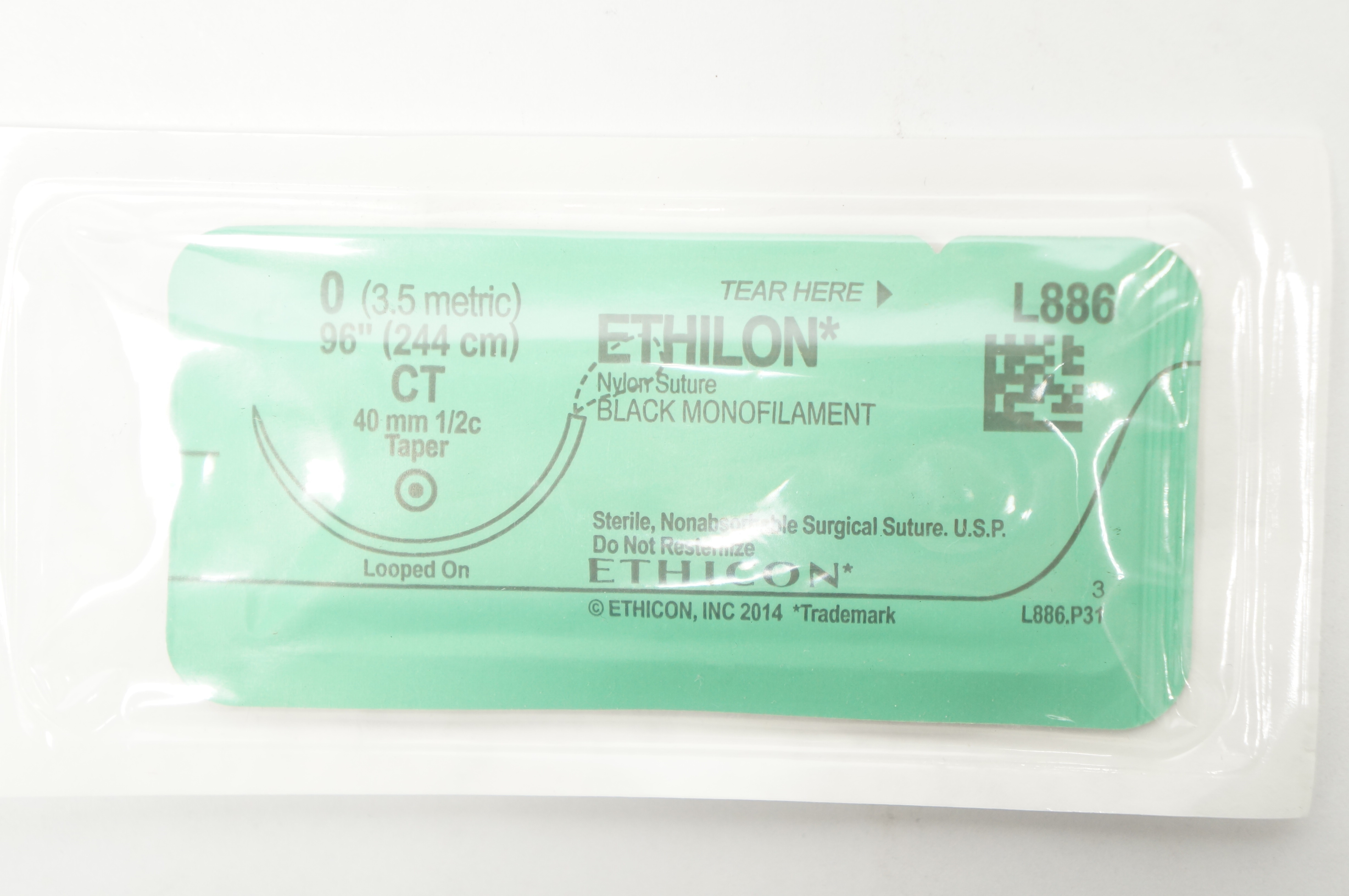 Ethicon L886 0 Ethilon Nylon Stre Black Monofilament CT 40mm 1/2c Taper, 96 inch