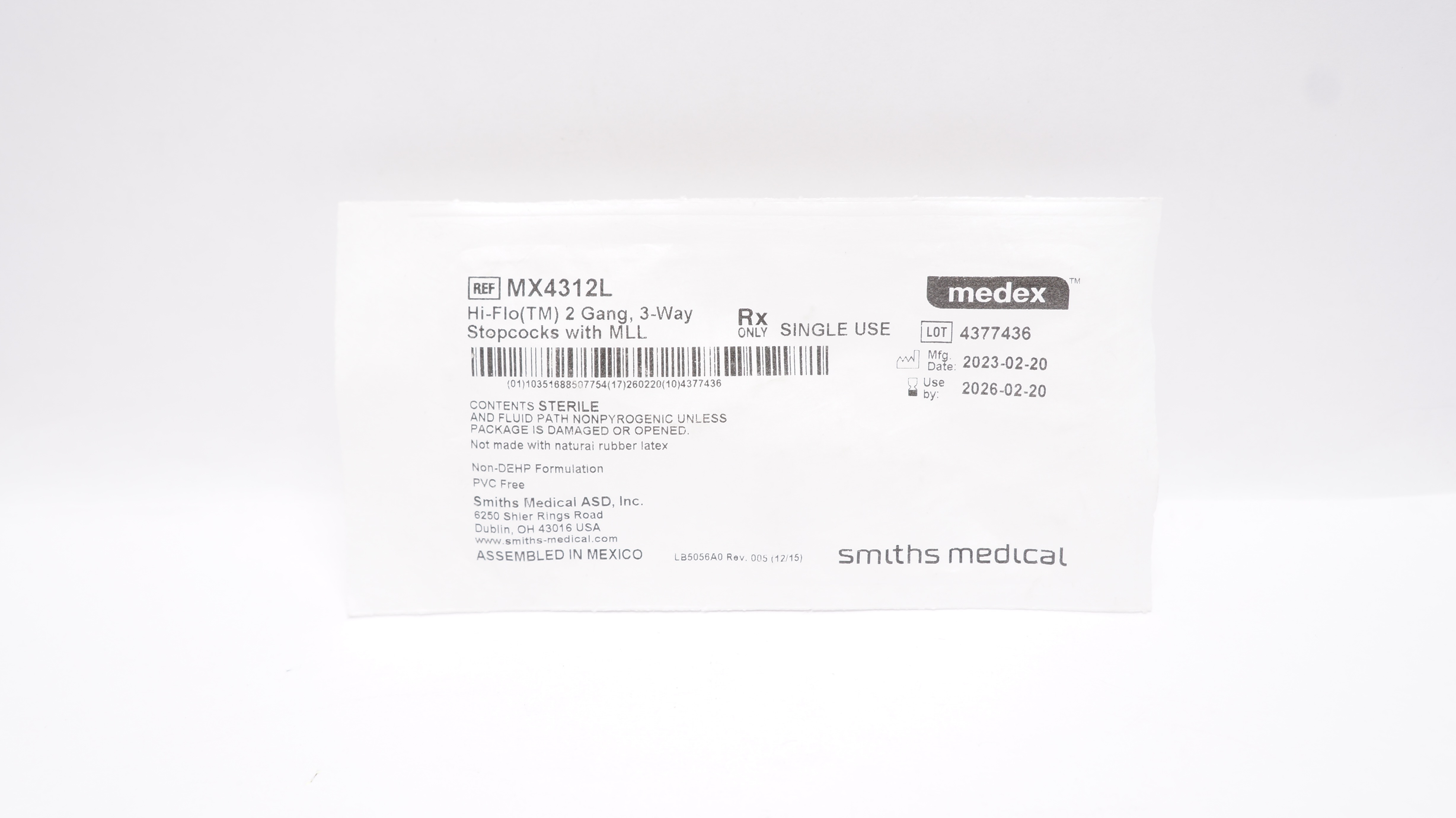 Smiths Medical MX4312L Medex Hi-Flo 2 Gang 3-Way Stopcocks with MLL