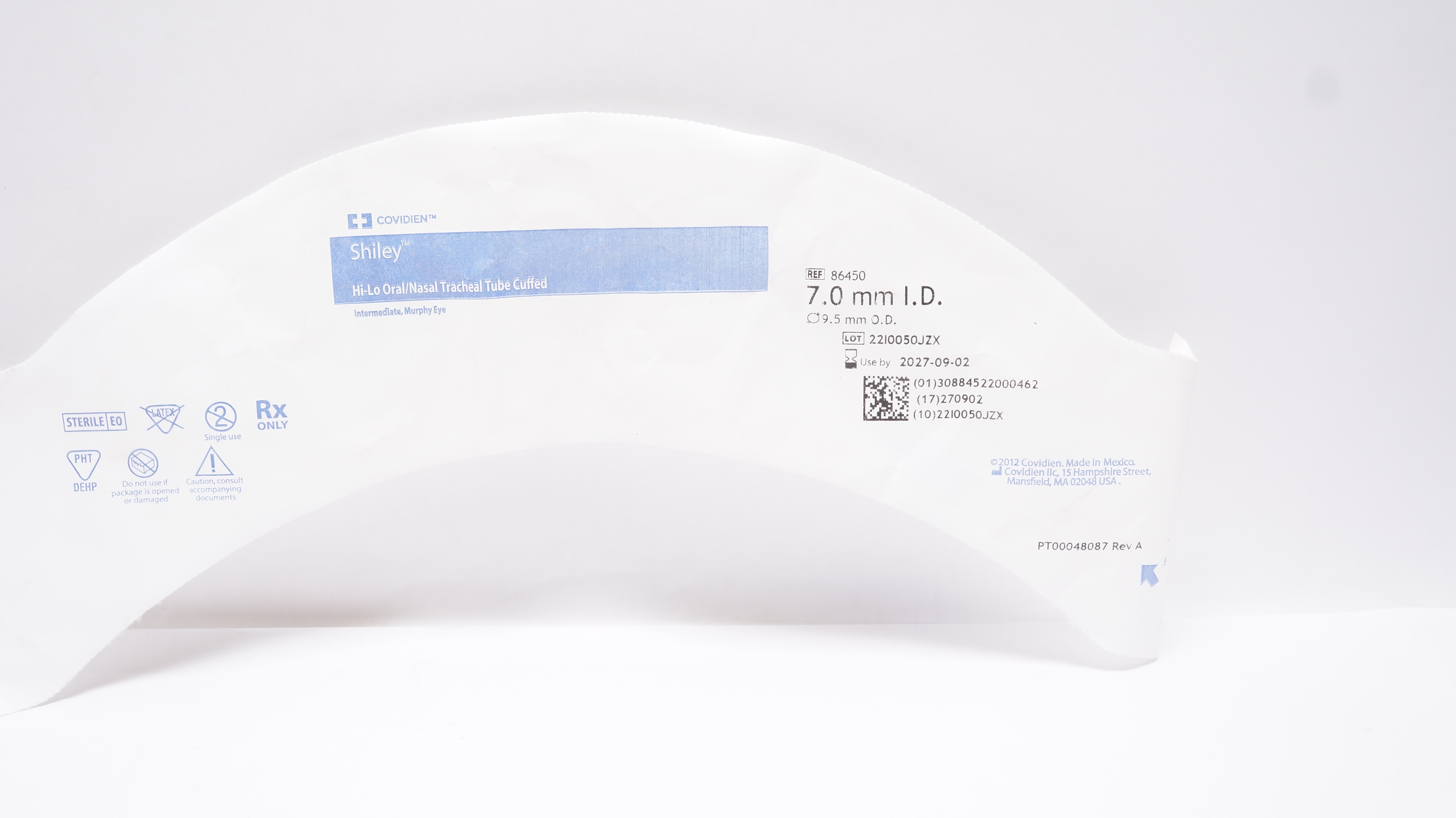 Covidien 86450 Shiley Hi-Lo Oral/Nasal Tracheal Tube Cuffed 7.0mm ID x 9.5mm OD