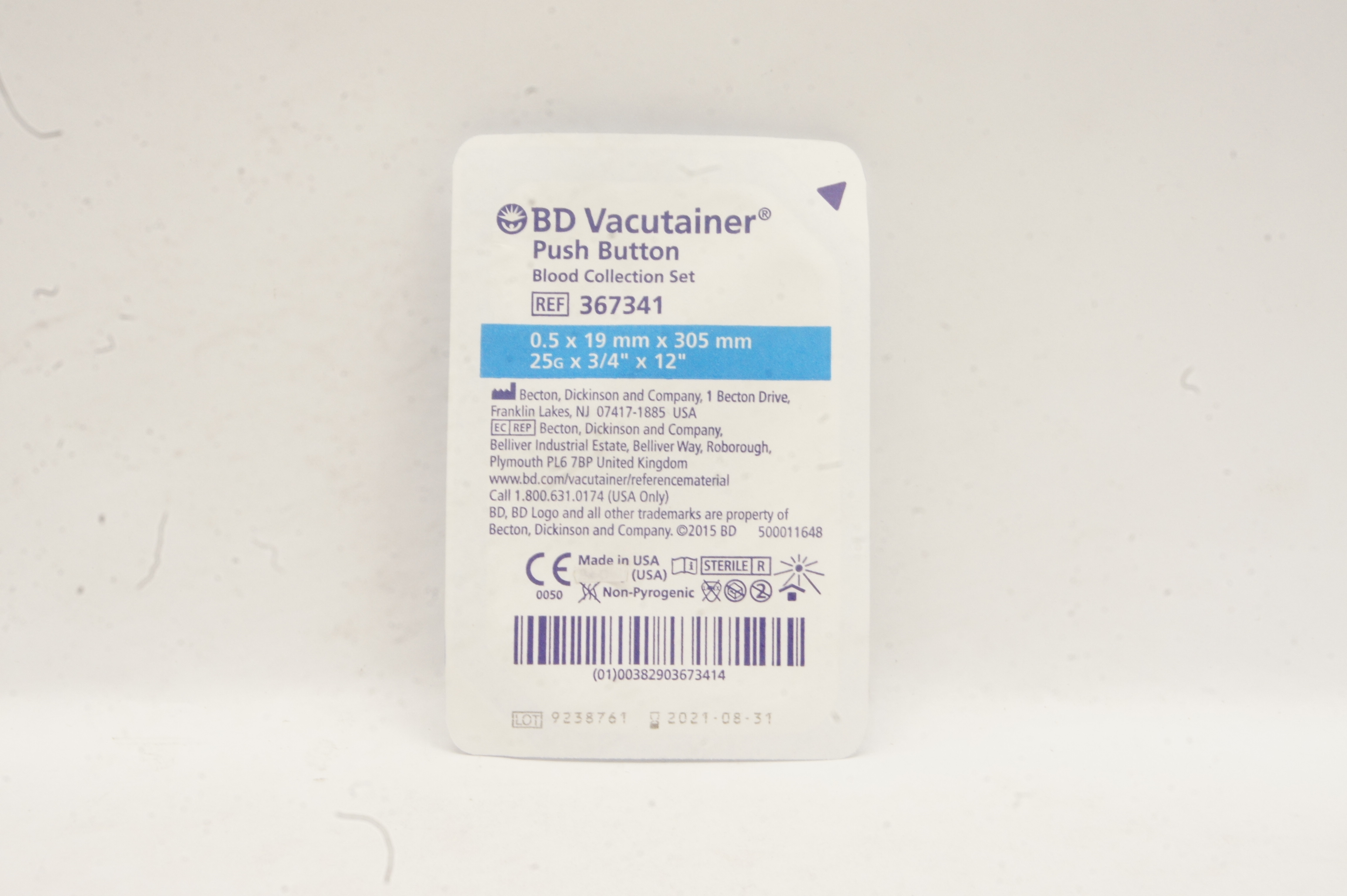 BD 367341 Vacutainer Push Button Blood Collection Set 25G x 3/4inch x 12inch (x)