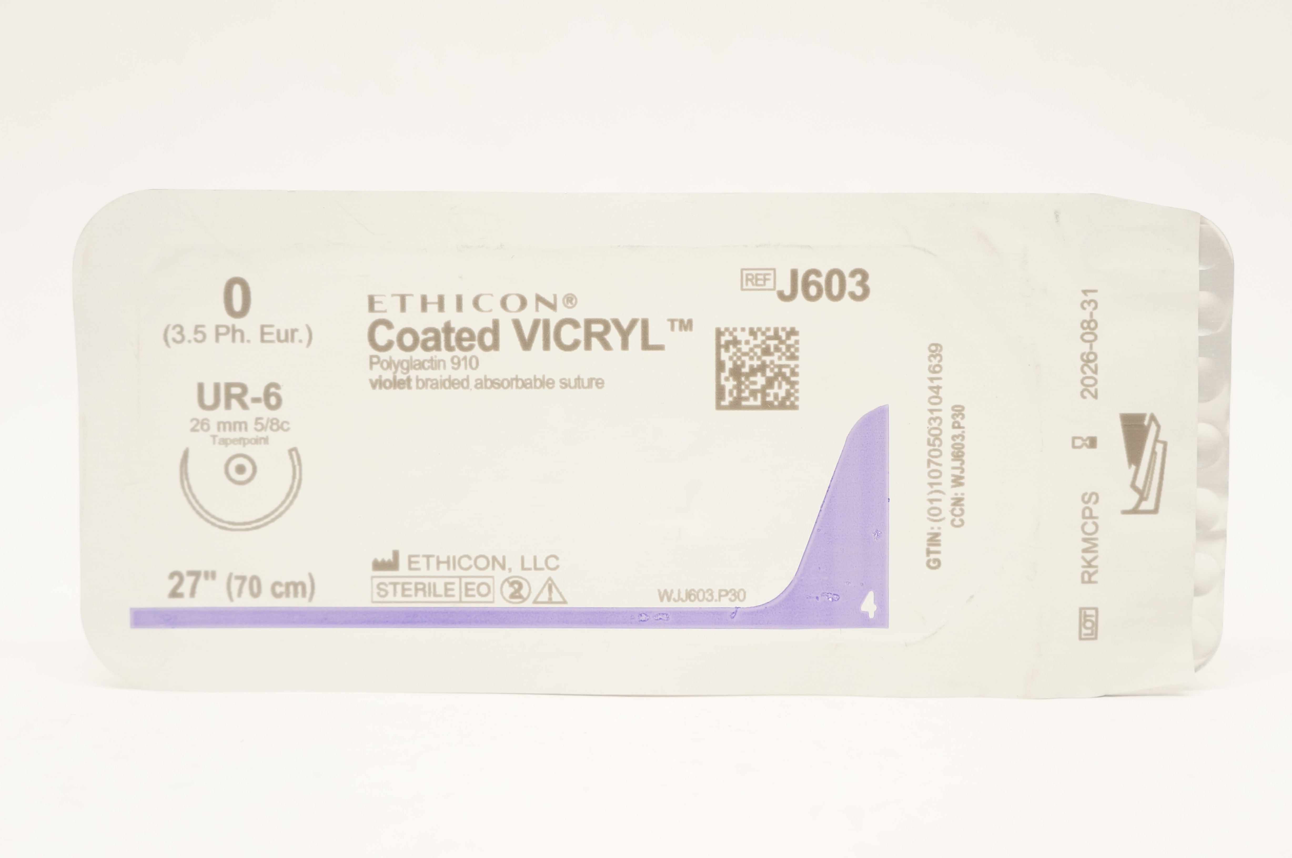 Ethicon J603 0 Coated VICRYL Stre, UR-6, 26mm 5/8c Taper, 27inch