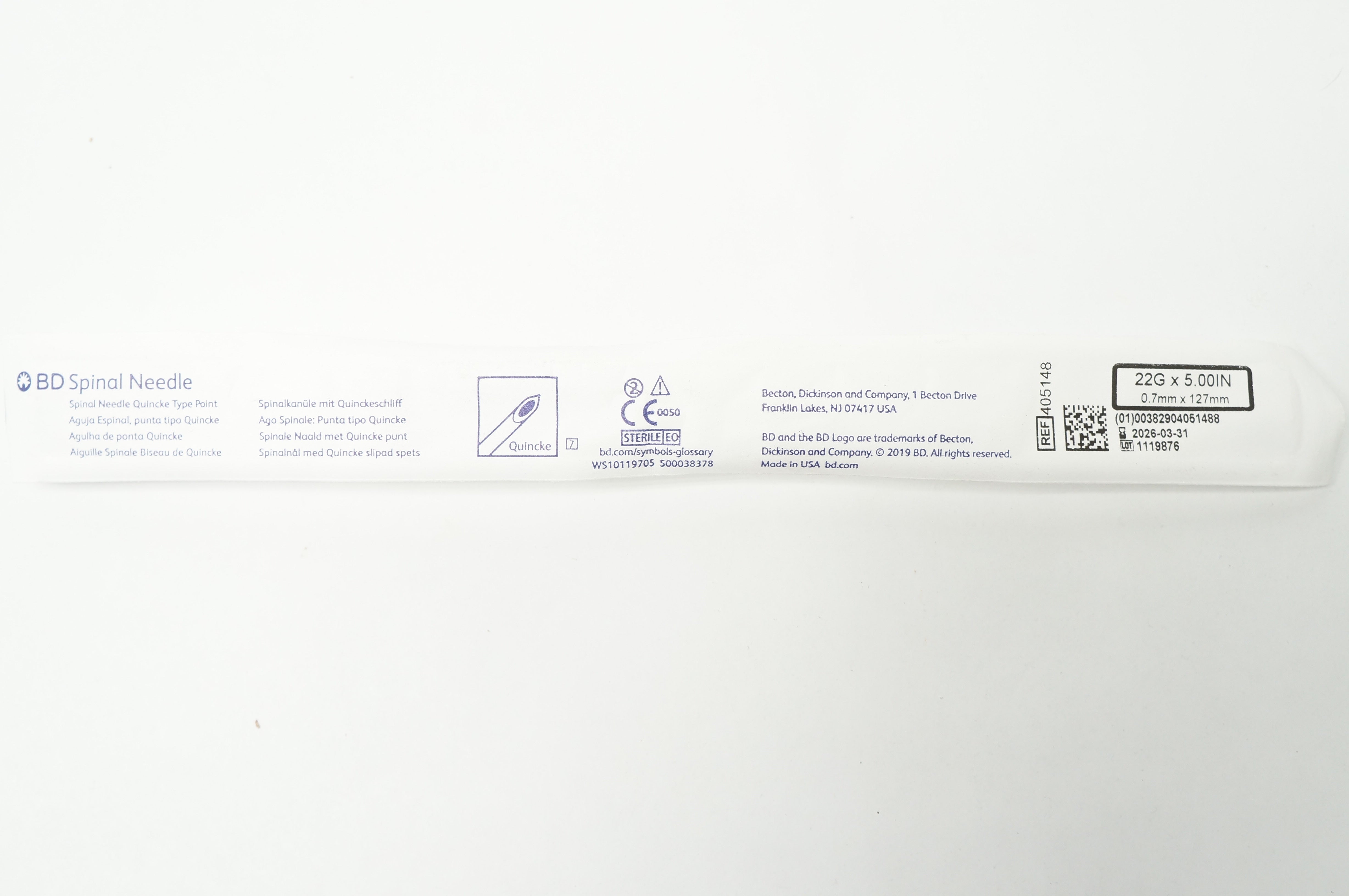 BD 405148 Spinal Ndle Quincke 22 GA. x 5.00 inch