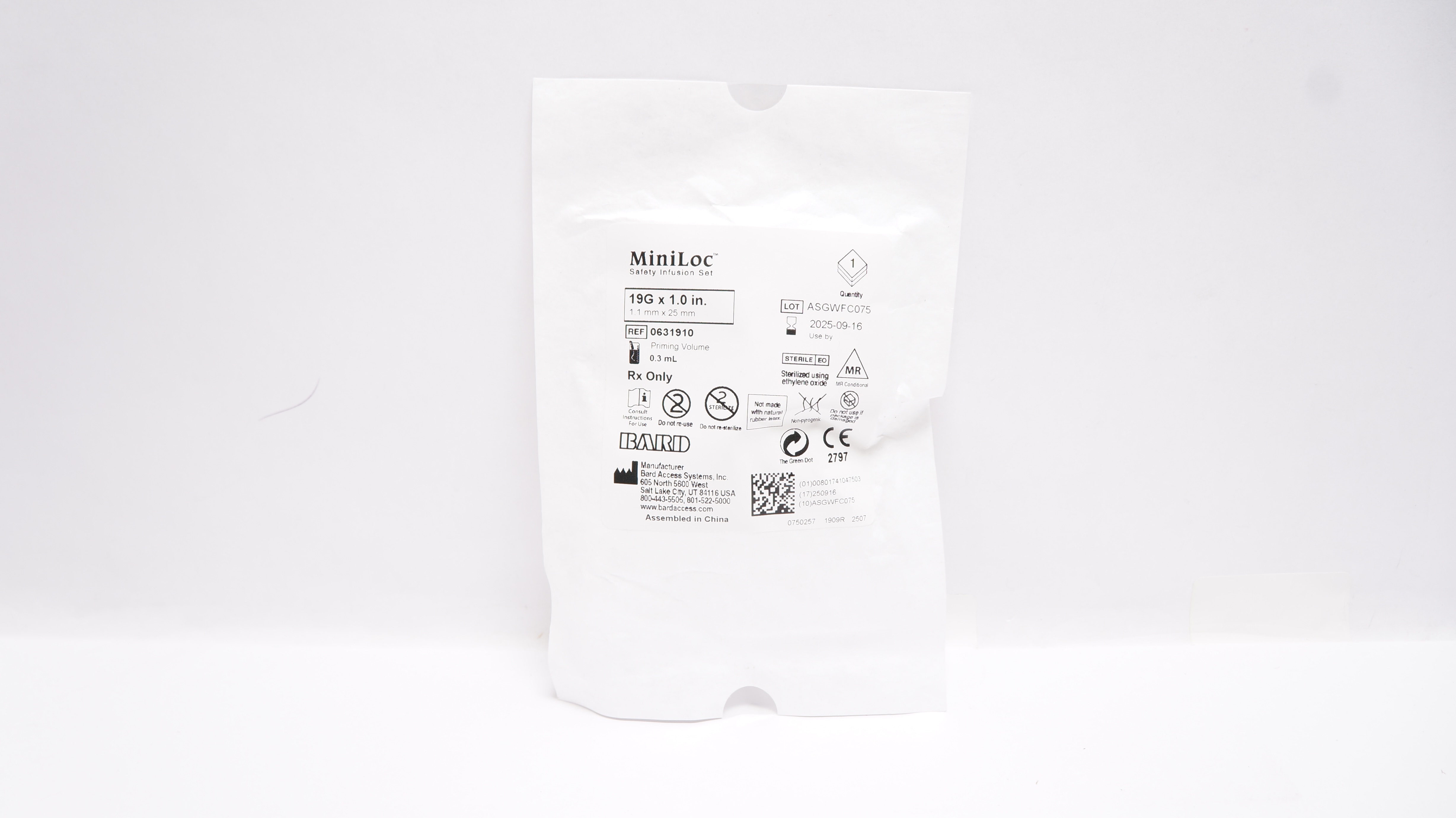 Bard 0631910 Miniloc Safety Infusion Set 19G x 1.0inch Priming Volume 0.3mL