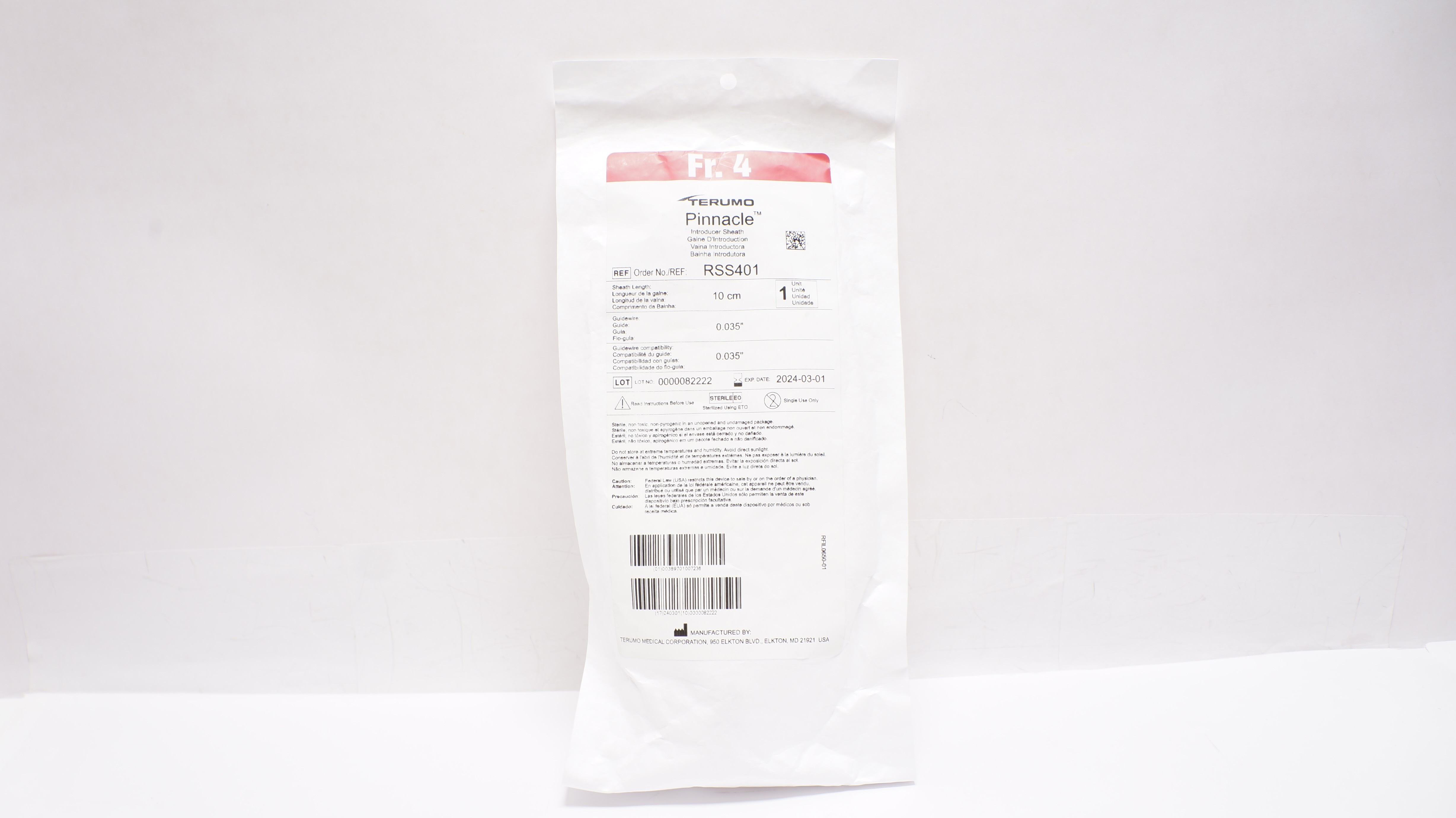 Terumo RSS401 Pinnacle Introducer Sheath 4Fr x 10cm x 0.035inch x 0.035inch