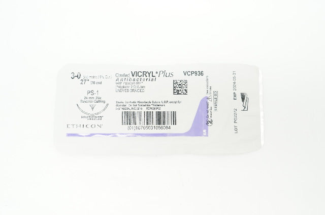 Ethicon VCP936 PS-1 Vicryl Plus 24mm 3/8c Reverse Cutting, 27inch (x)