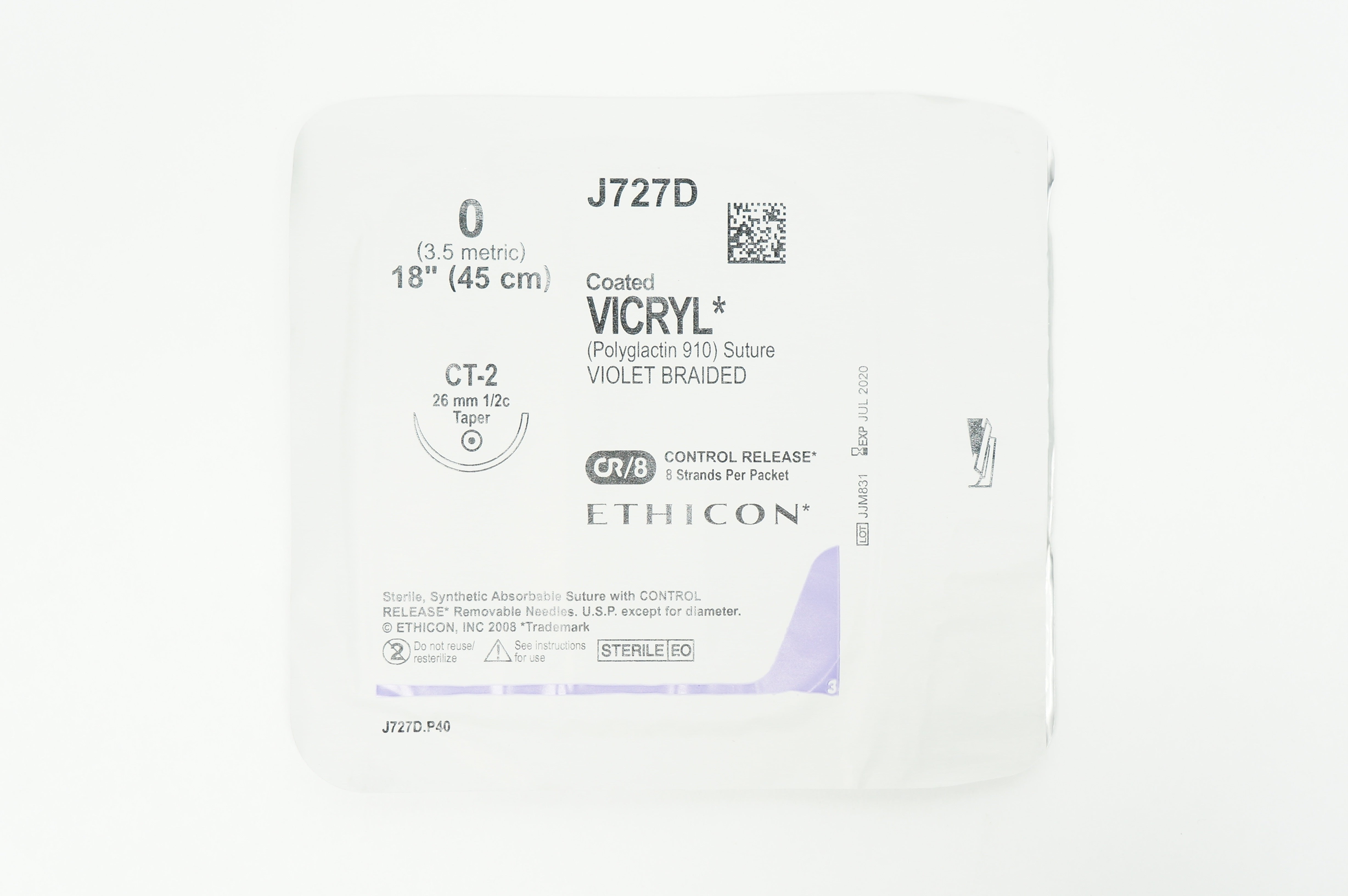 Ethicon J727D 0 Coated VICRYL CT-2 26mm 1/2c Taper 18inch (x)