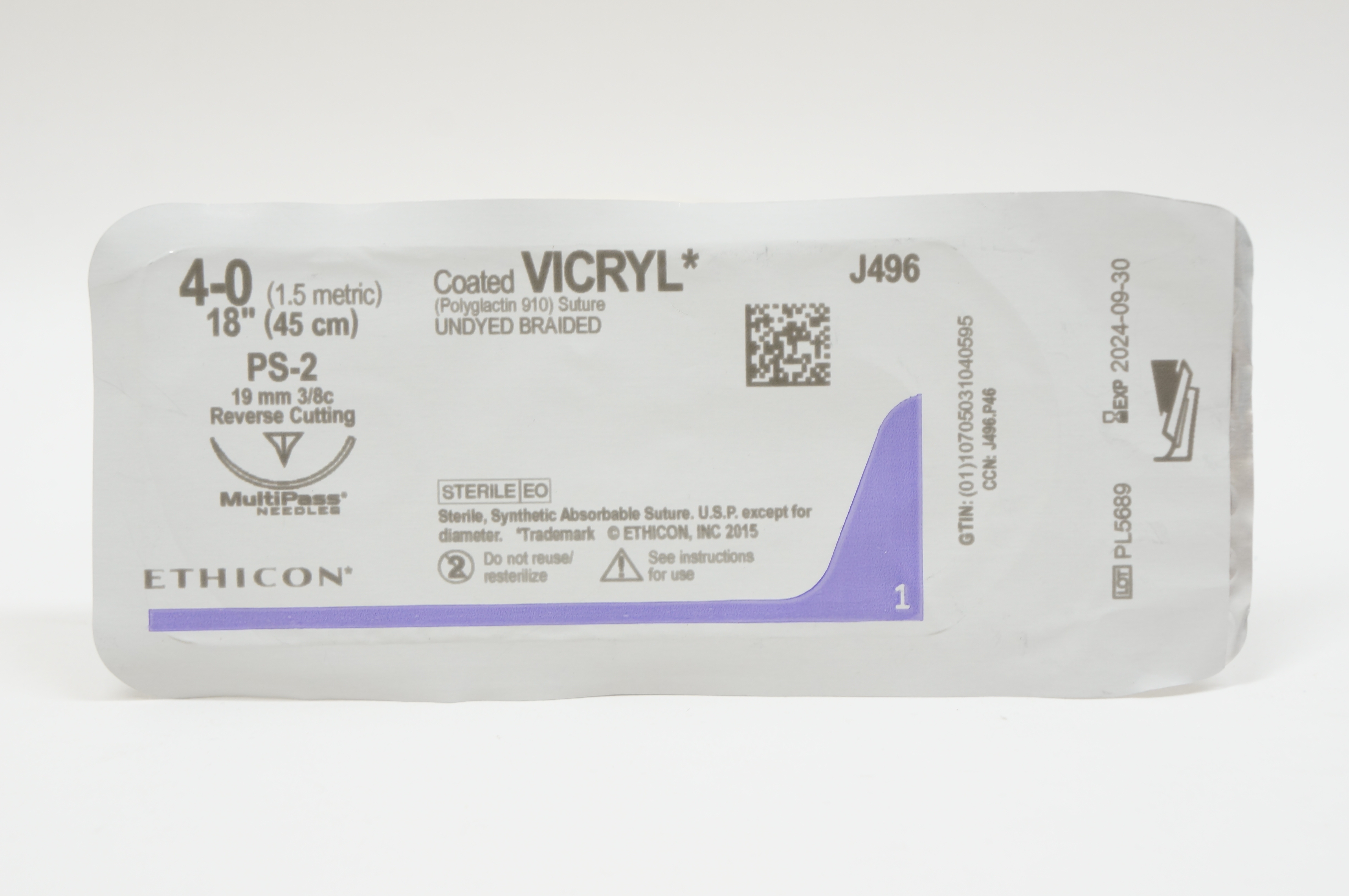 Ethicon J496 4-0 VICRYL, PS-2, 19mm 3/8c Reverse Cutting, 18inch