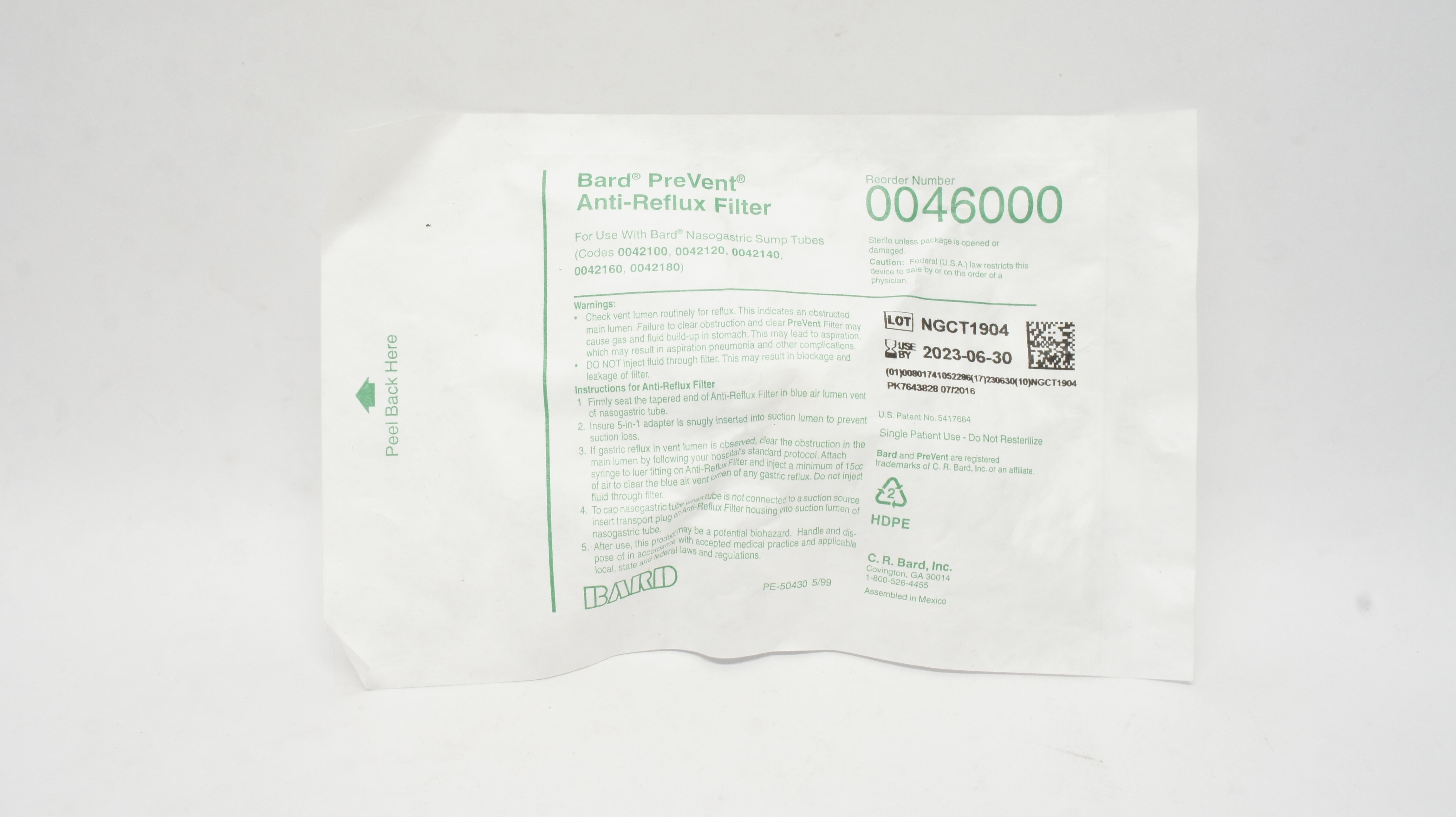 Bard 0046000 PreVent Anti-Reflux Filter