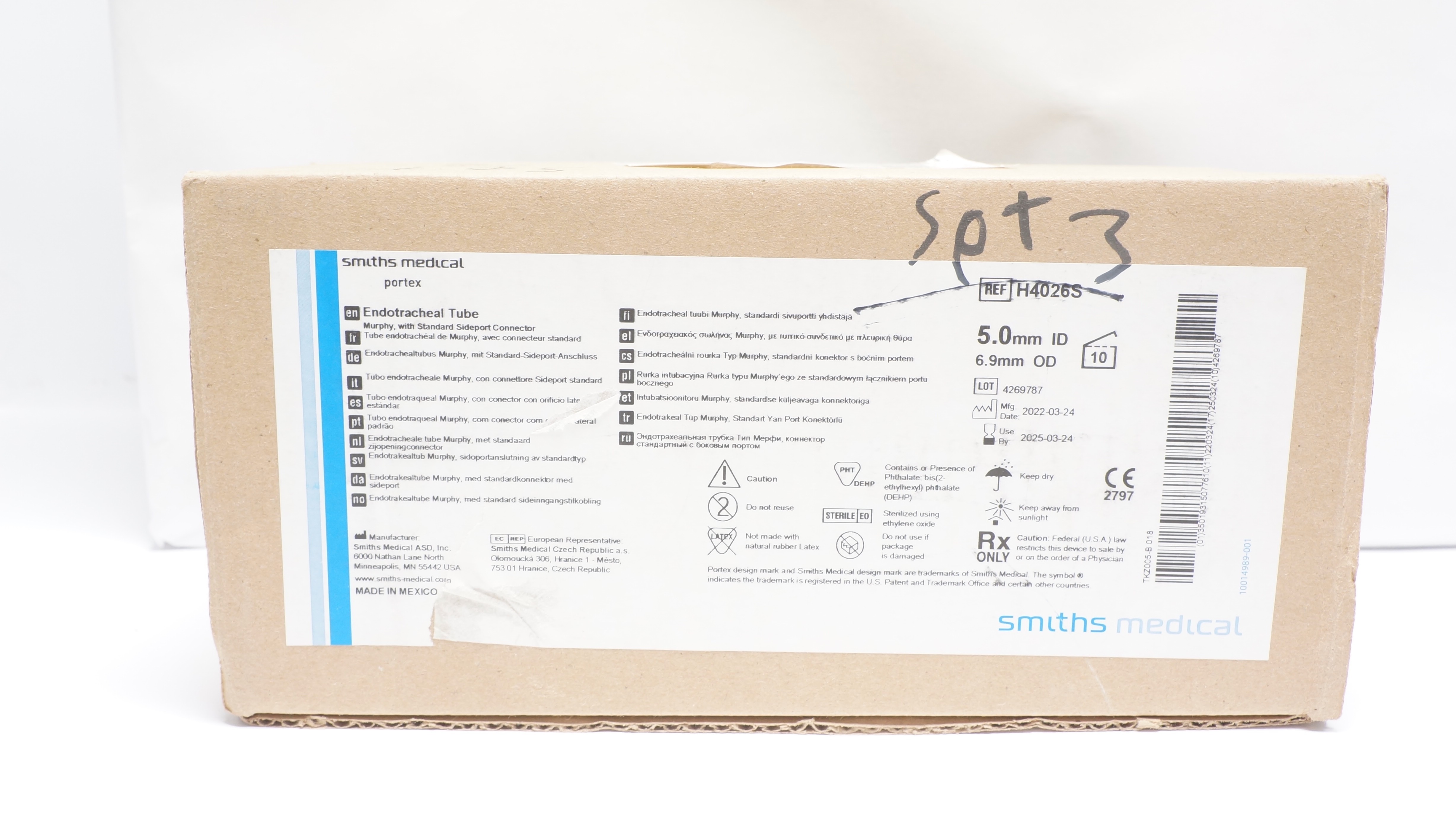 Smiths Medical H4026S Portex Endotracheal Tube 5.0mm ID x 6.9mm OD (x)-Box of 10