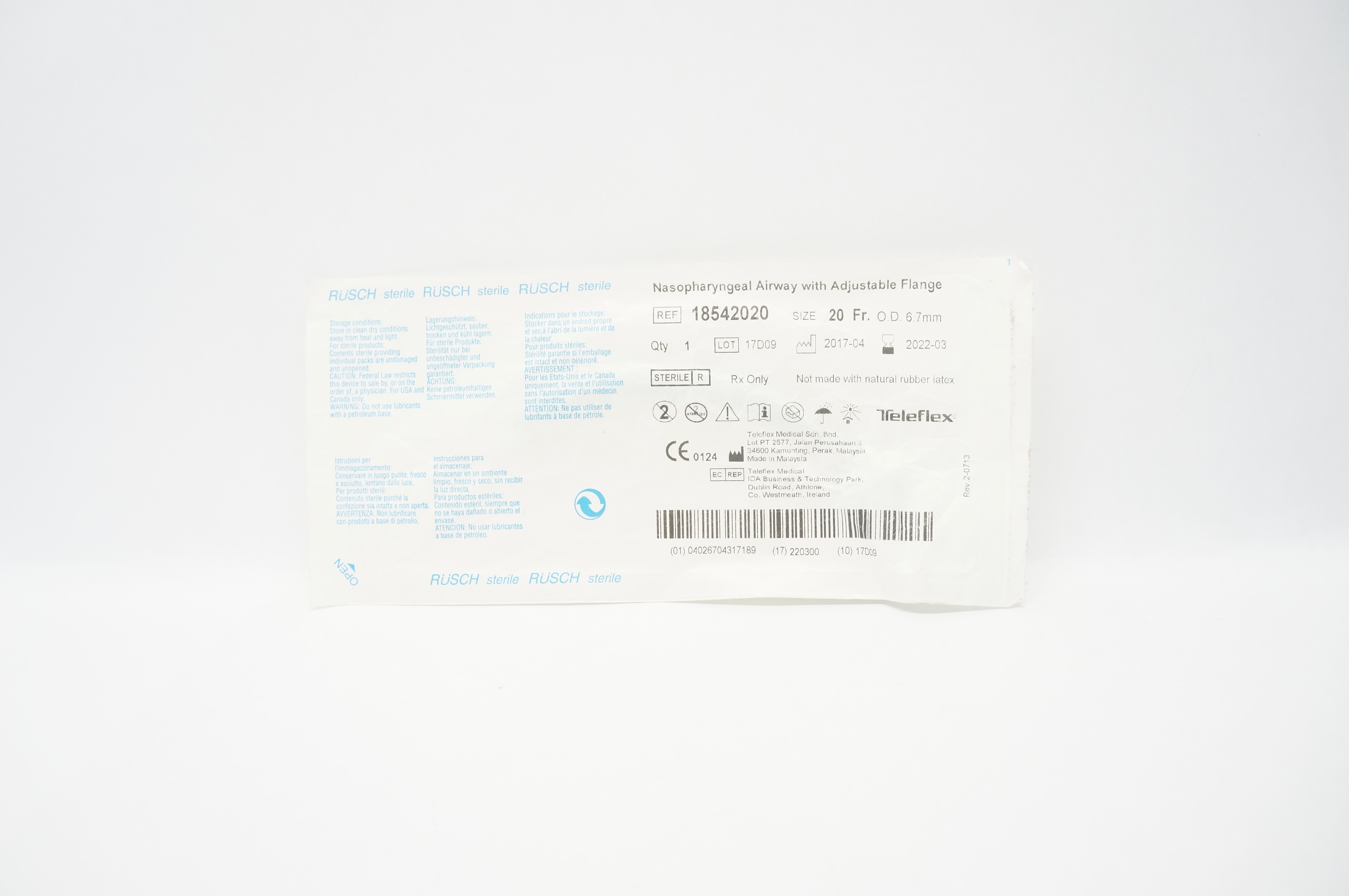 Teleflex 18542020 Rusch Nasopharyngeal Airway Adjustable Flange 20Fr x 6.7mm(x)