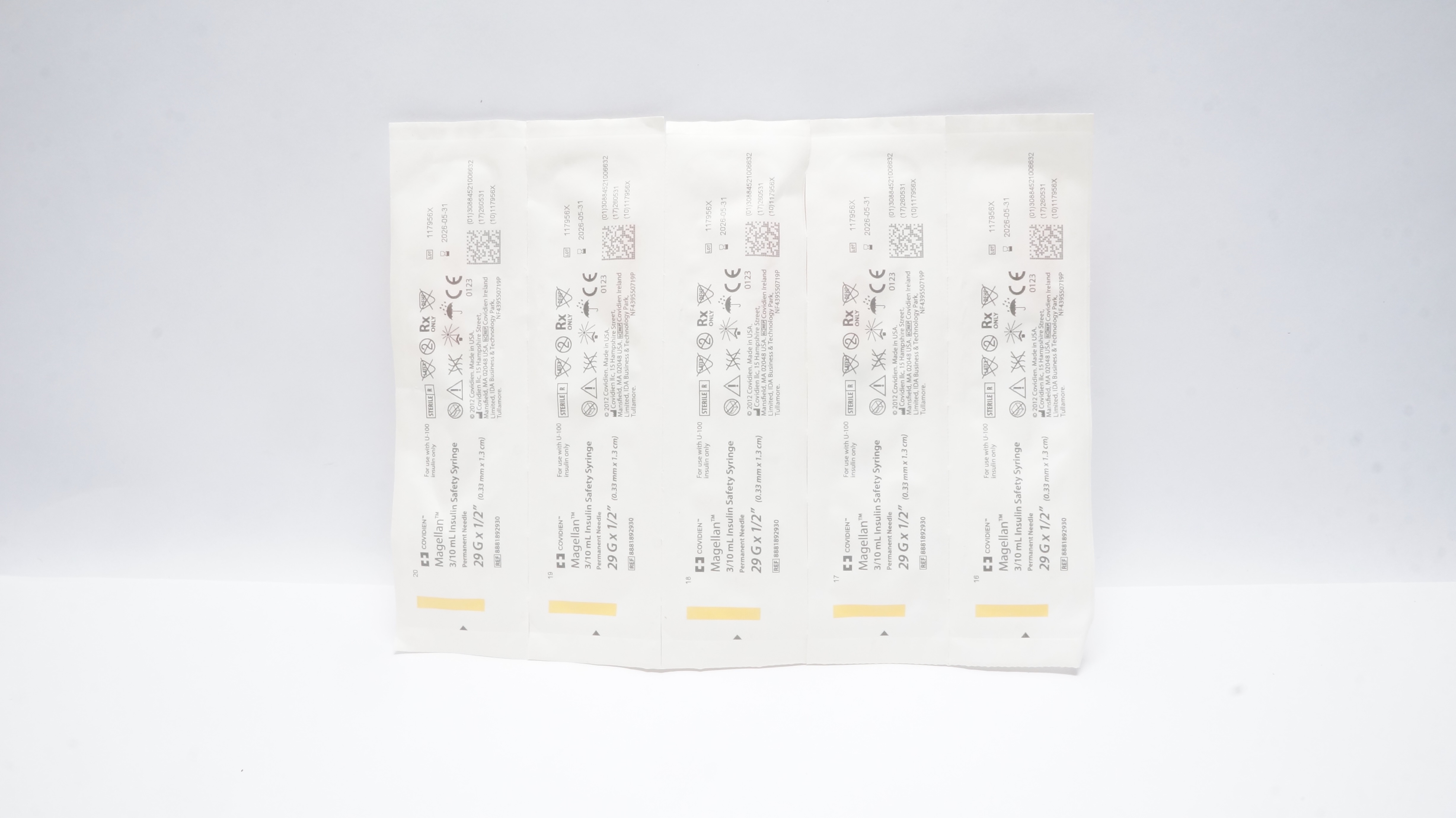 Covidien 8881892930 Magellan 3/10ml Insulin Safety Syringe 29G x 1/2In -Lot of 5