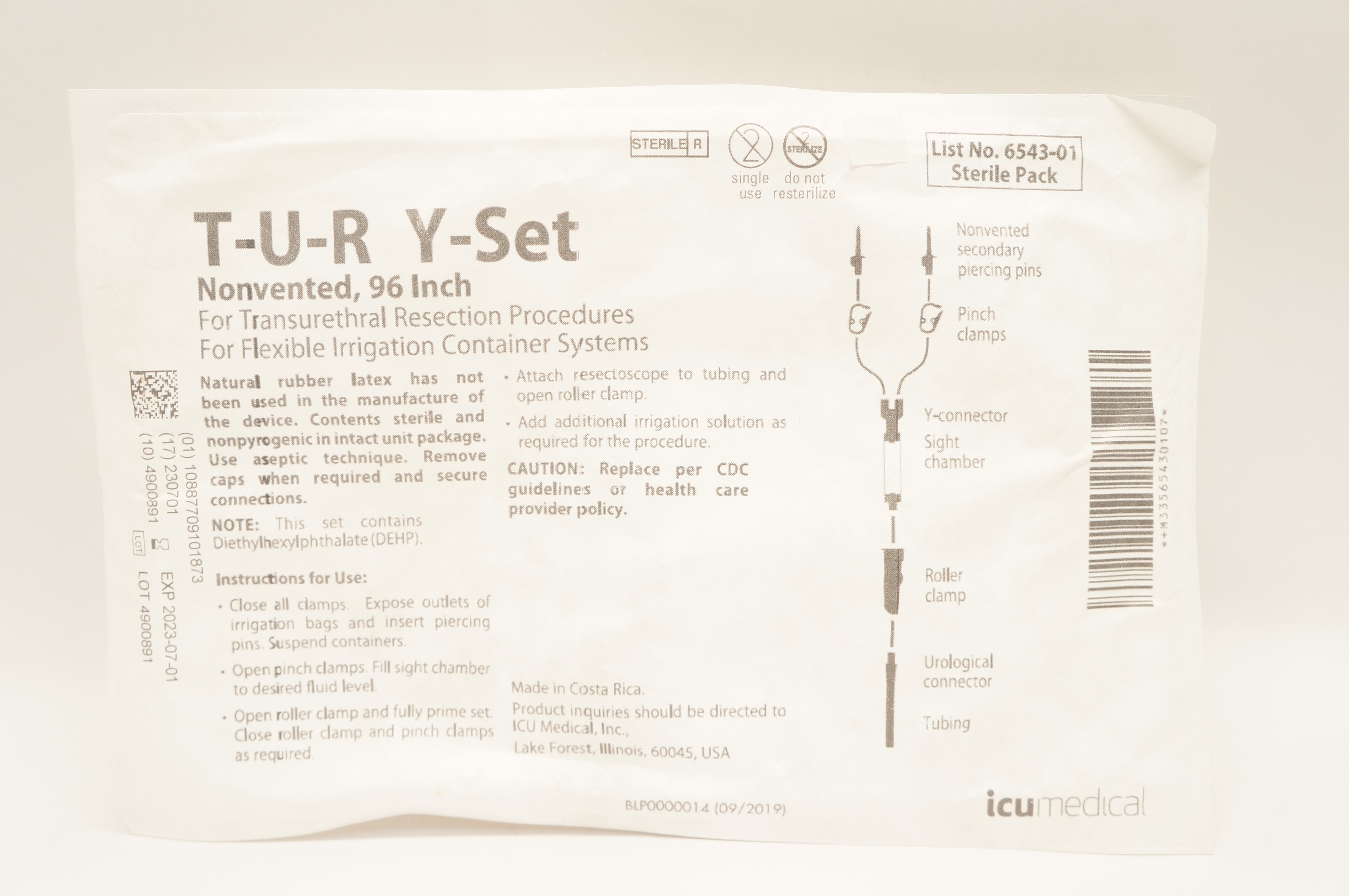ICU Medical 6543-01 T-U-R Y-Set Nonvented Set for Transurethral Resection 96inch