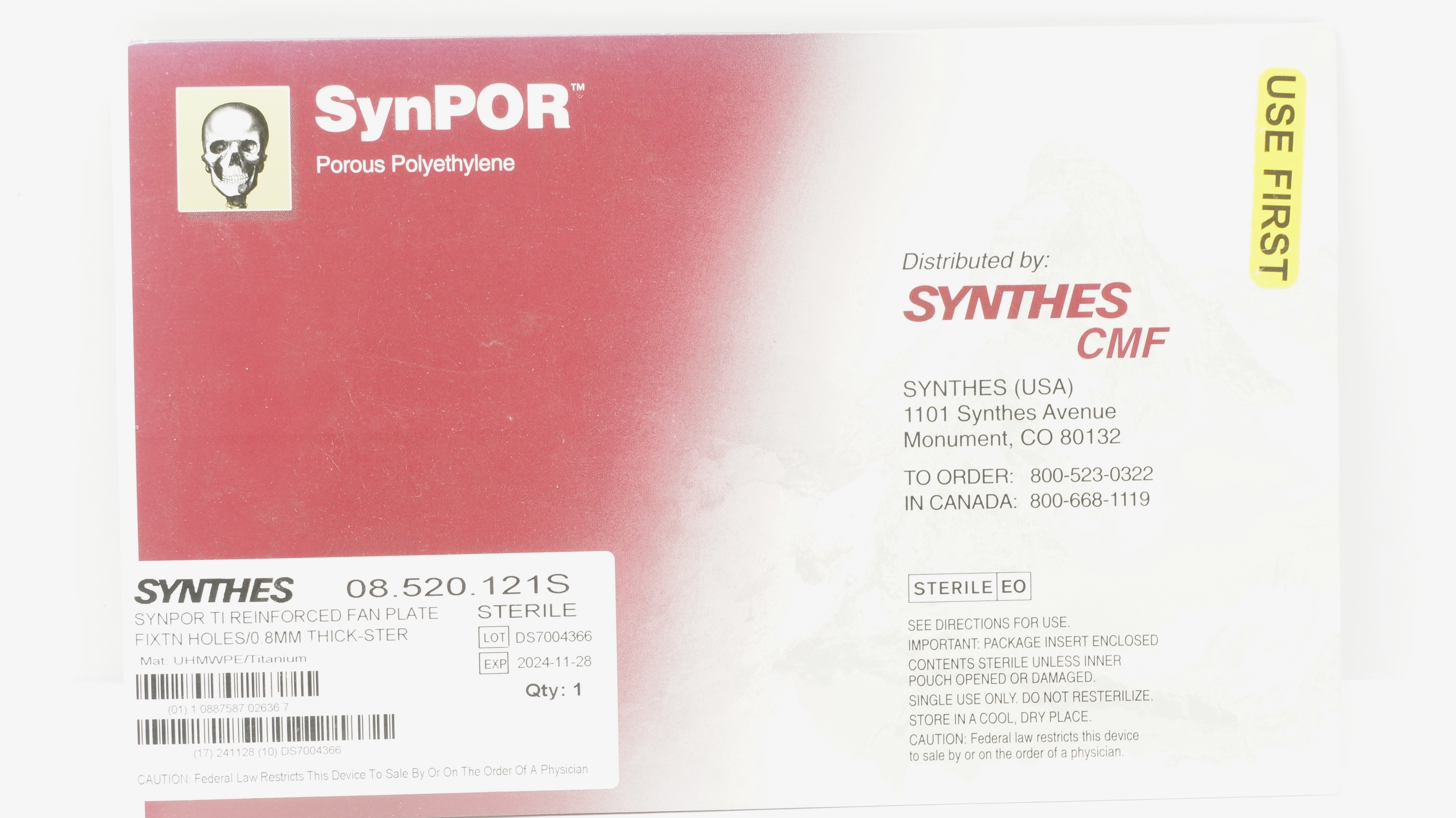 Synthes 08.520.121S Synpor TI Reiforced Fan Plate Fixtn Holes/0.8mm Thick (x)