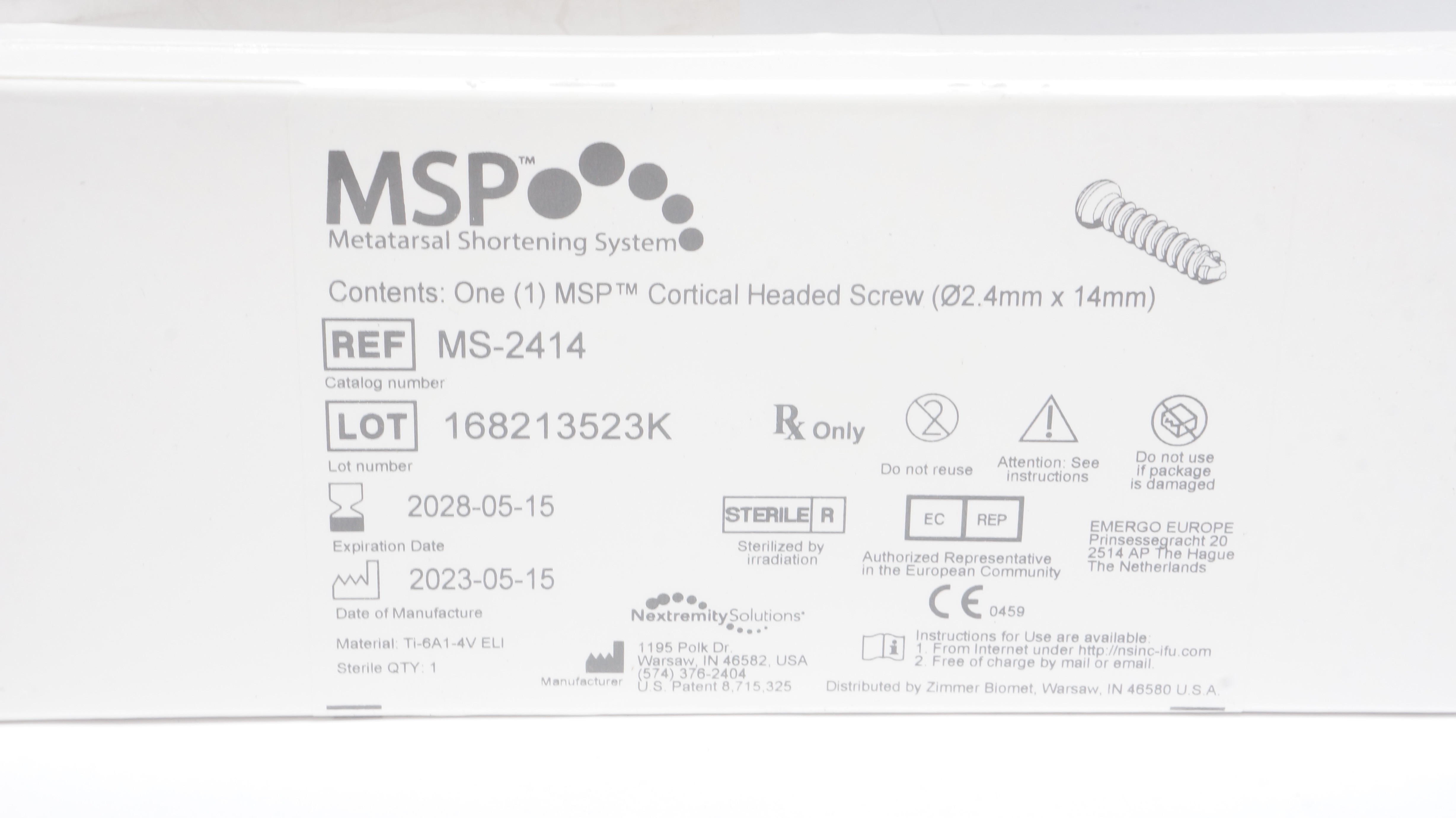 Nextremity Solution MS-2414 MSP One Cortical Screw, Diameter 2.4mm x 14mm