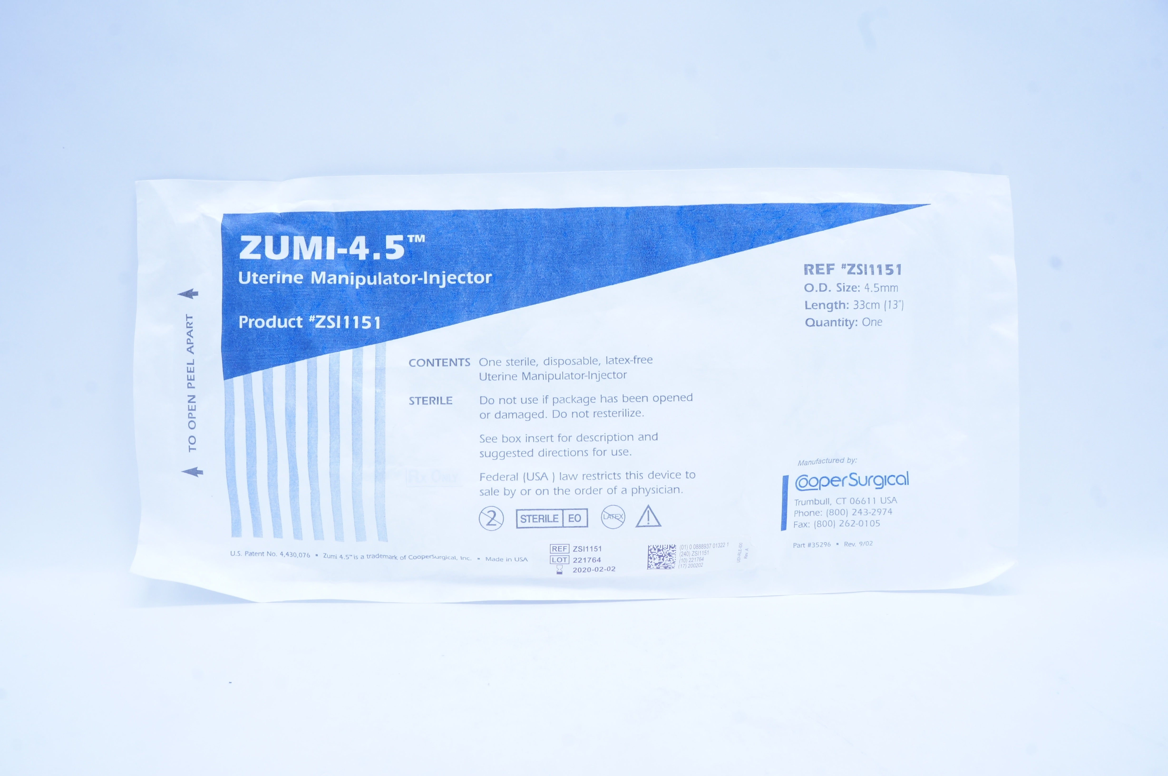 Cooper Surgical ZSI1151 Zumi 4.5 Uterine Manipulator-Injector 4.5mm x 13in. (x)