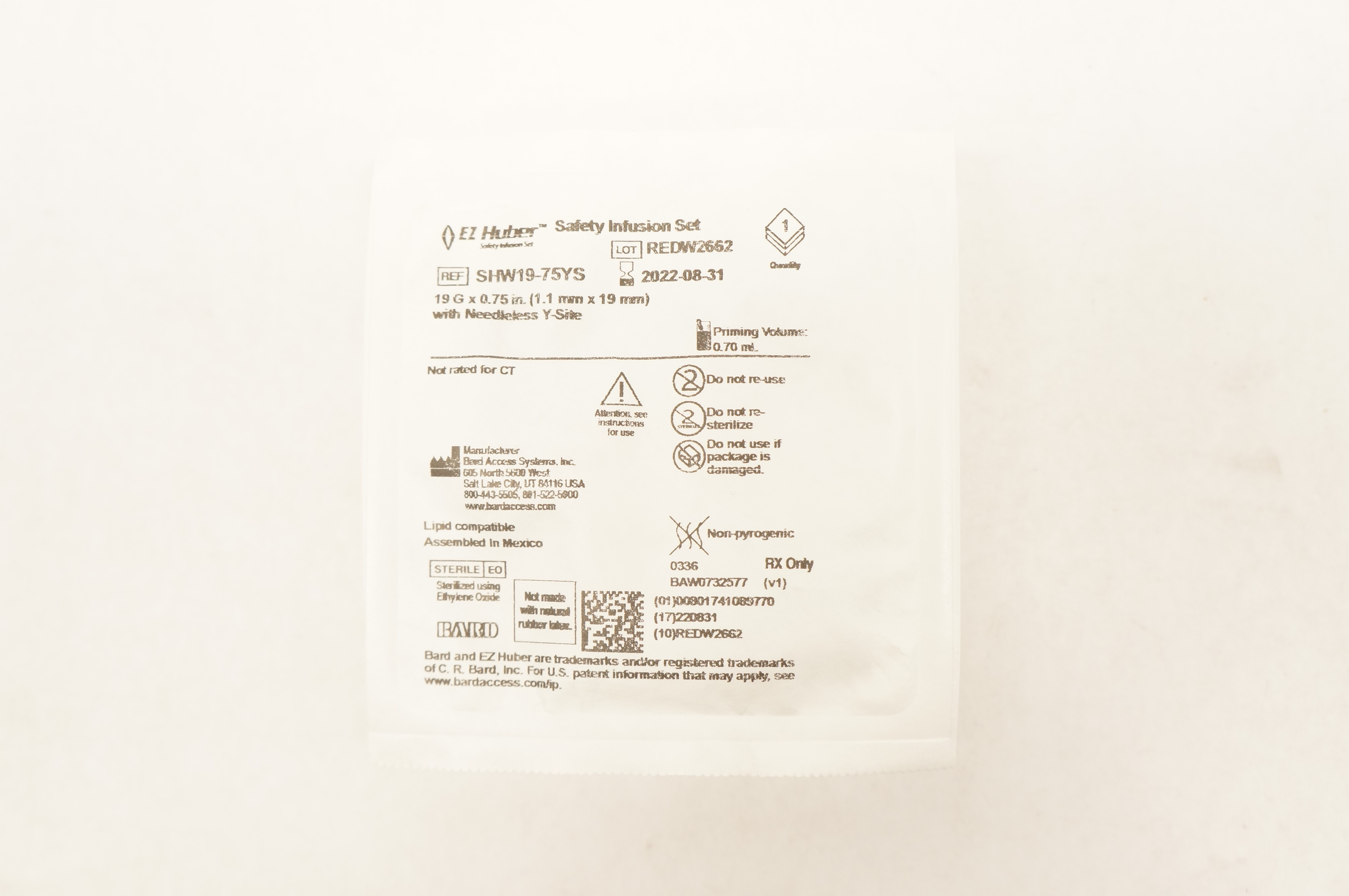 Bard SHW19-100YS EZ Huber Safety Infusion Set 19G x 1.0inch Prim.Vol. 0.70mL (x)