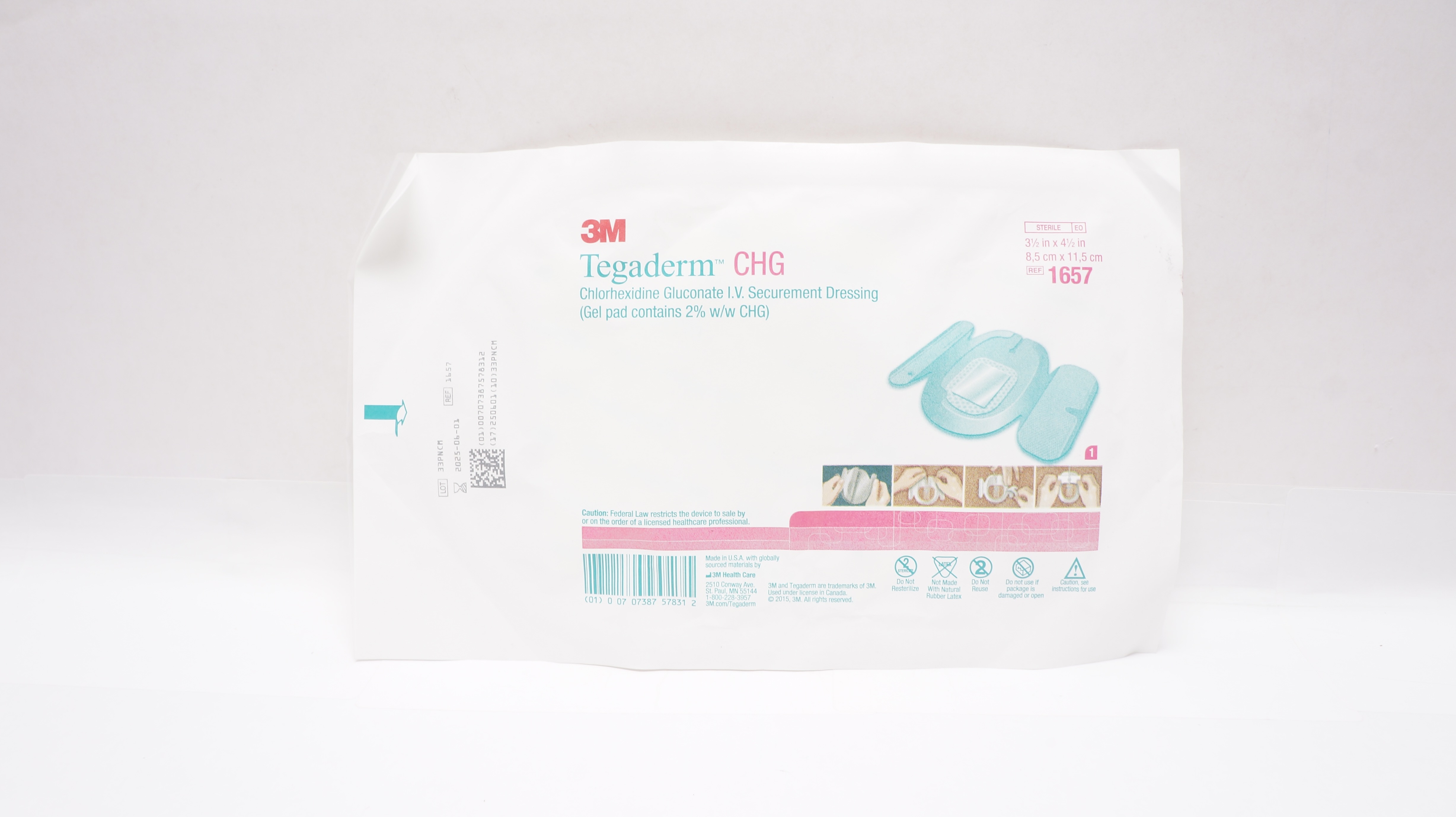3M 1657 Tegaderm CHG Chlorhexidine Gluconate I.V. Dressing 3 1/2inch x 4 1/2inch