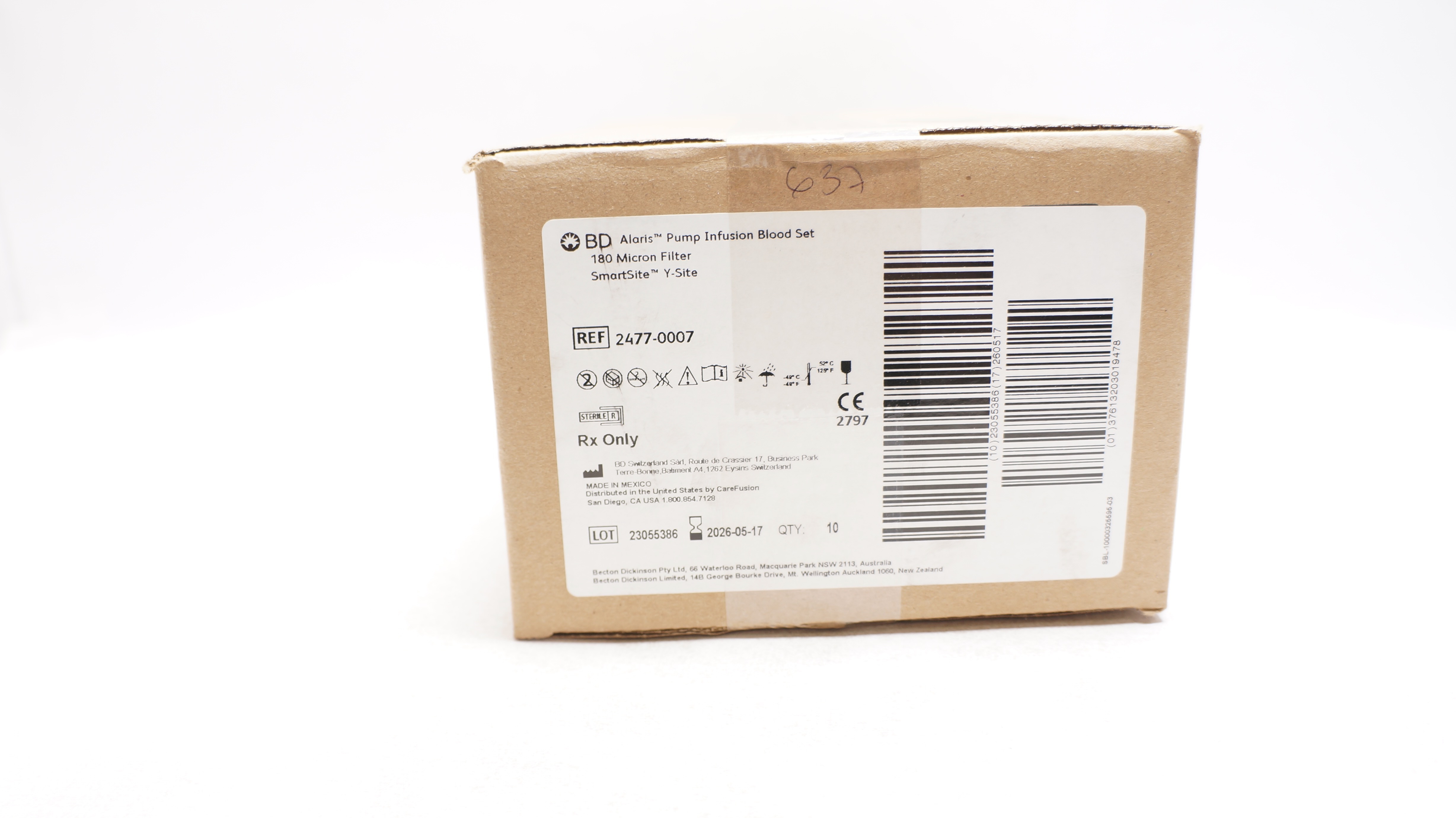 BD 2477-0007 Alaris Pump Infusion Blood Set 180Micron Filter 33mlx121in-Box of10