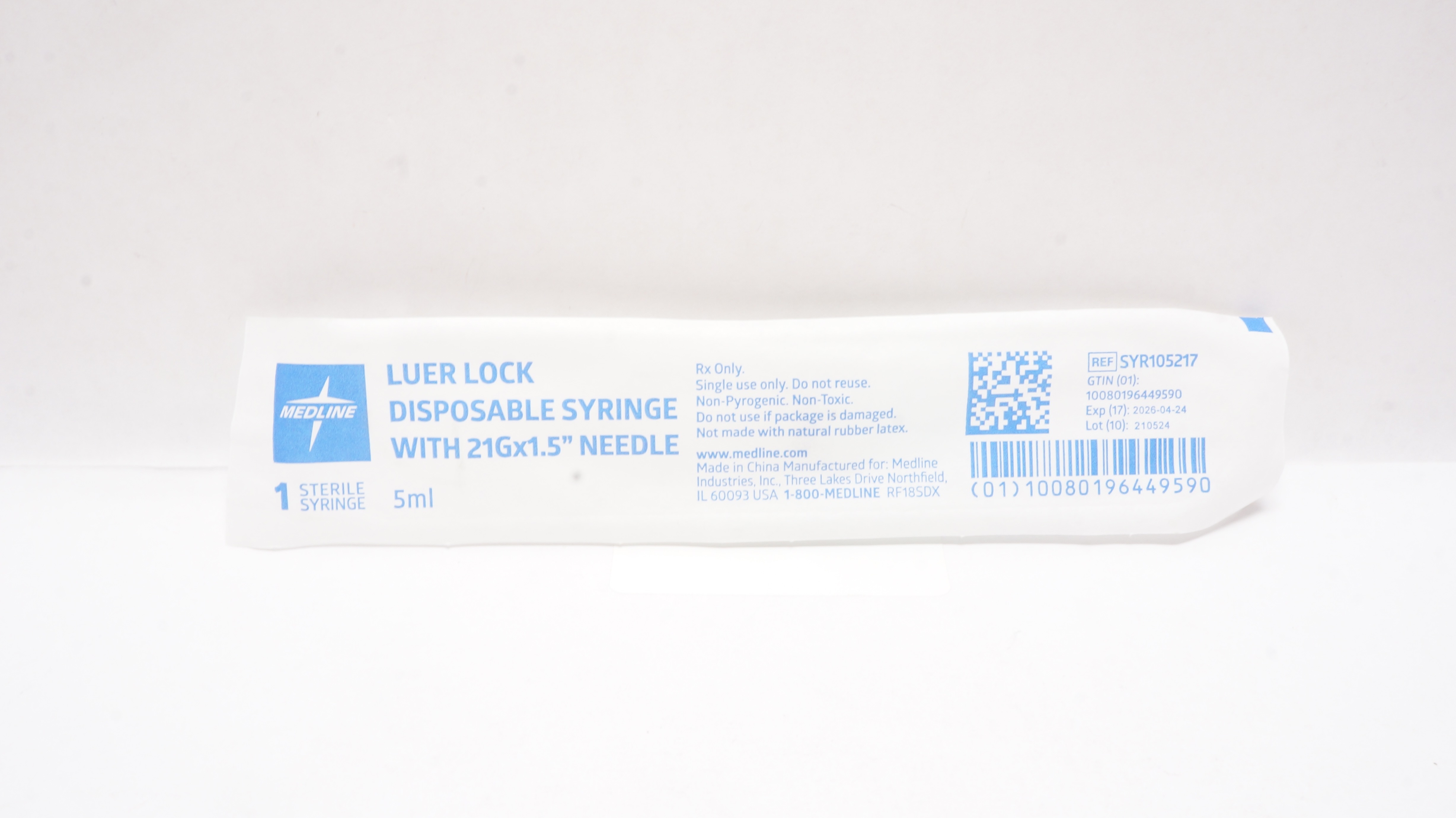 Medline SYR105217 Luer Lock Disposable 5ml Syringe w/21G x 1.5inch Ndle