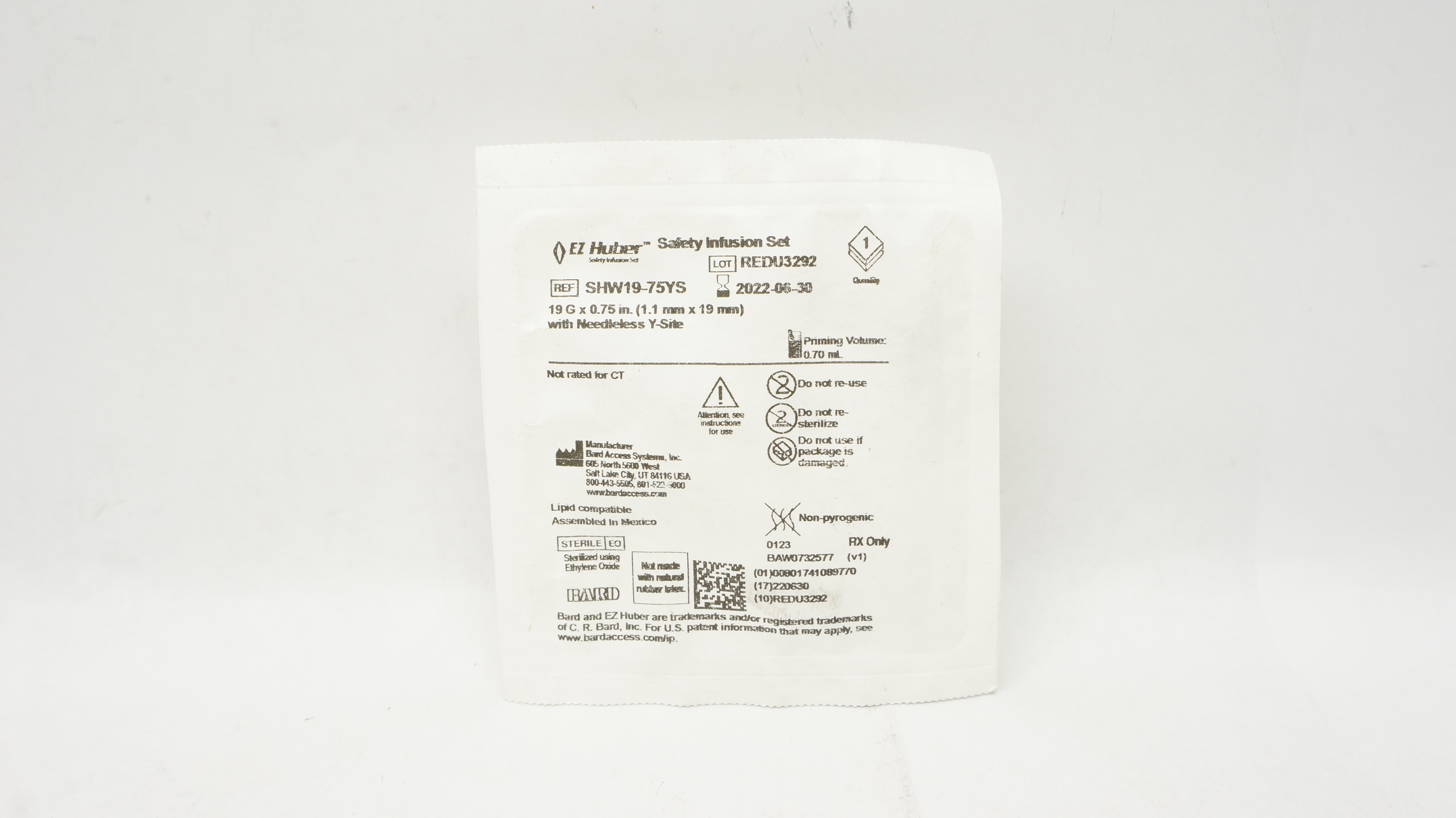 Bard SHW19-75YS EZ Huber Safety Infusion Set 19G x 0.75inch