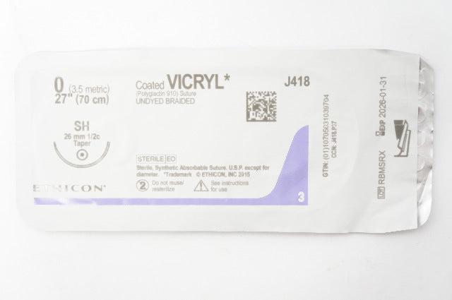 Ethicon J418 0 Coated VICRYL Polyglactin 910 Stre SH 26mm 1/2c Taper, 27inch
