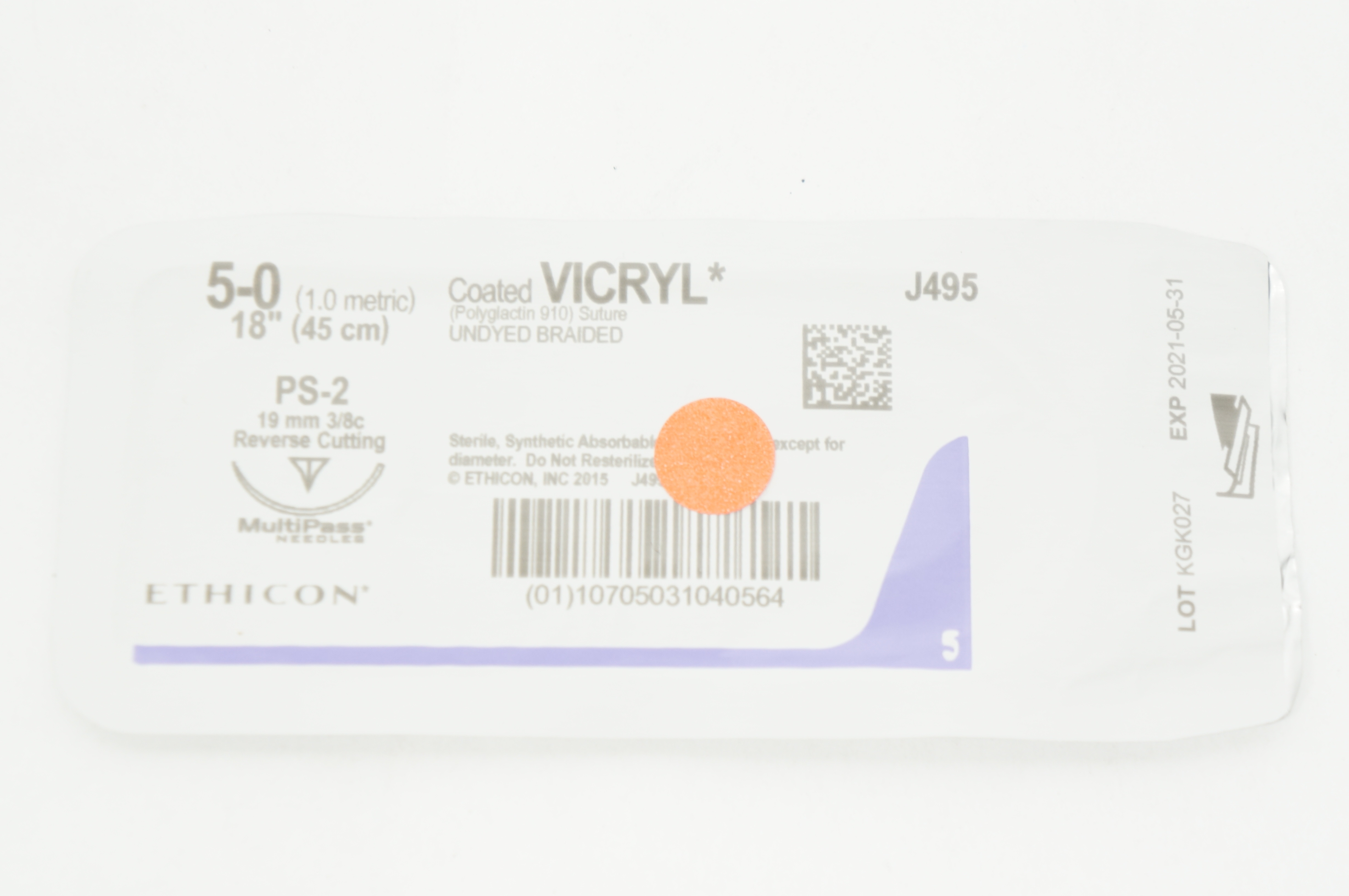 Ethicon J495 5-0 Coated Vicryl Stre PS-2 19mm 3/8c Reverse Cutting, 18inch