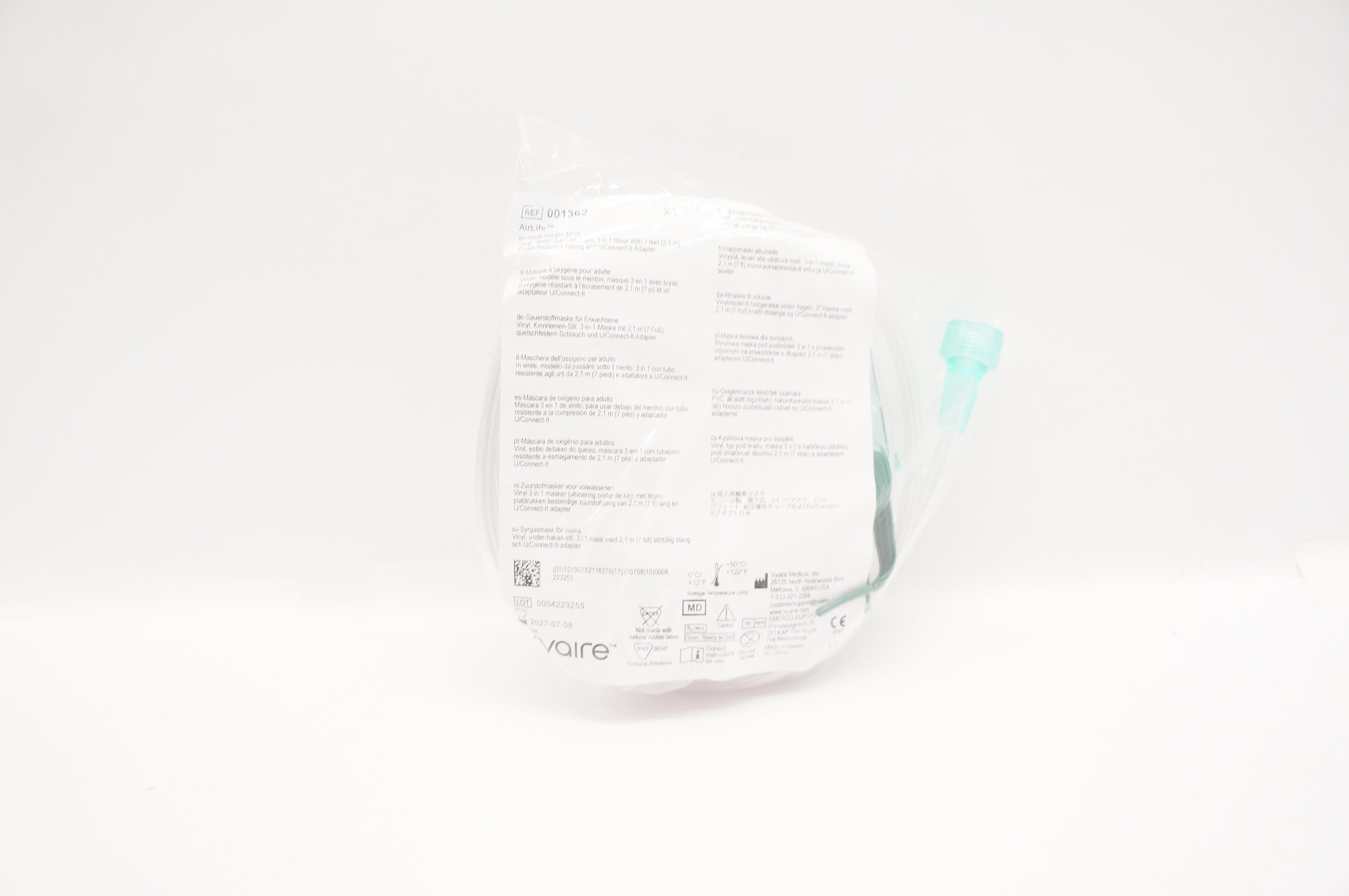 Vyaire 001362 AirLife Adult Oxygen Mask Vinyl w/7ft. Tubing & U/Connect Adapter