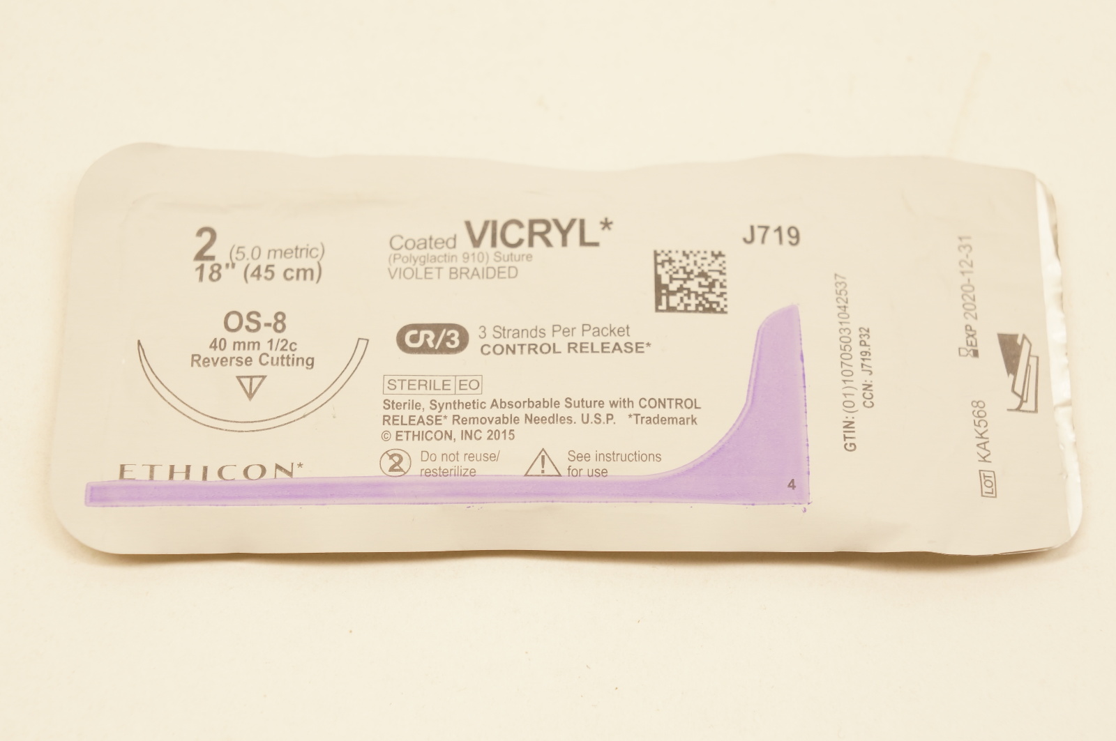 Ethicon J719 2 VICRYL, OS-8, 40mm 1/2c Reverse Cutting, 18inch (x)