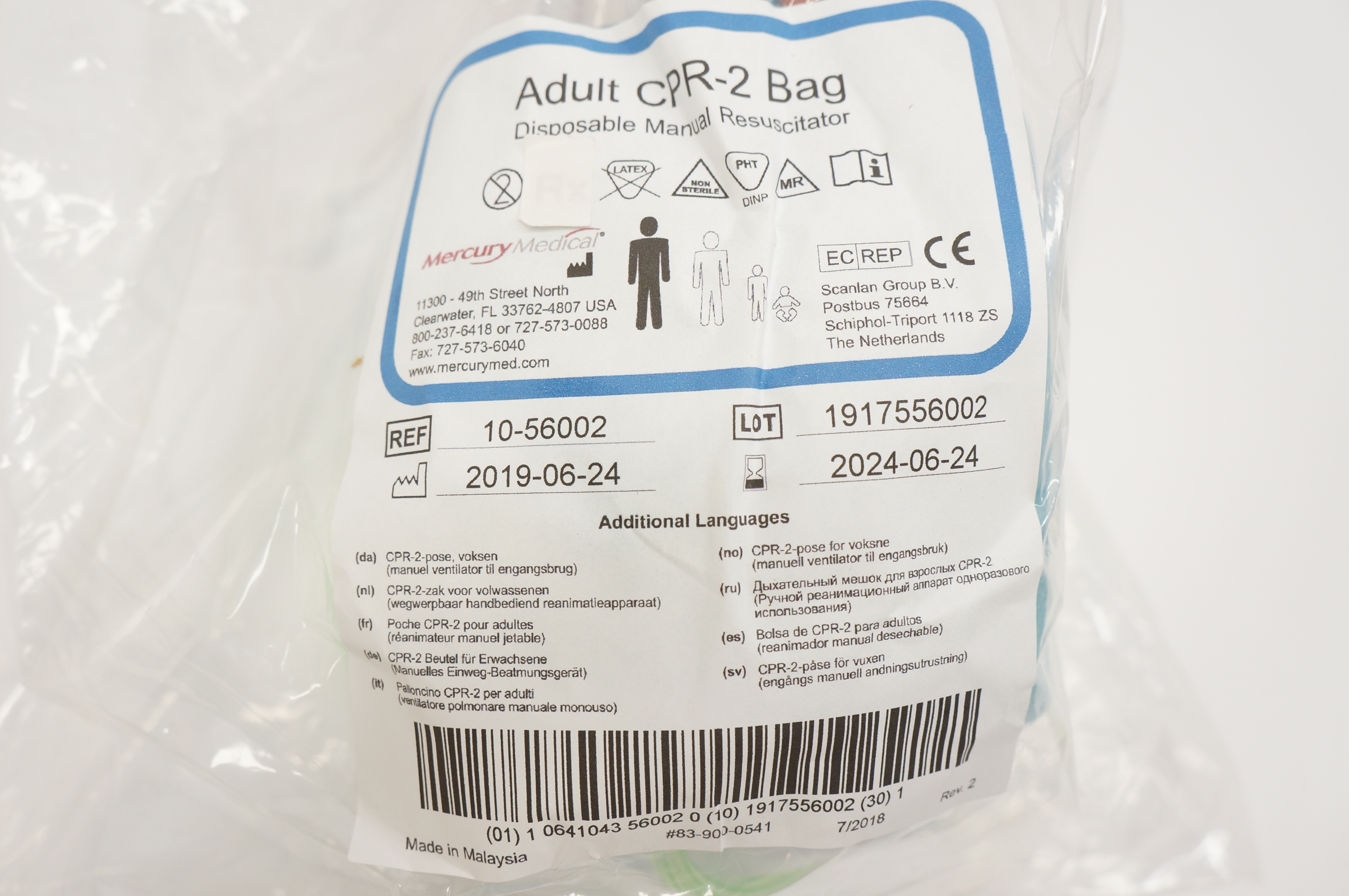 Mercury 10-56002 Adult CPR-2 Bag Disposable Manual Resuscitator