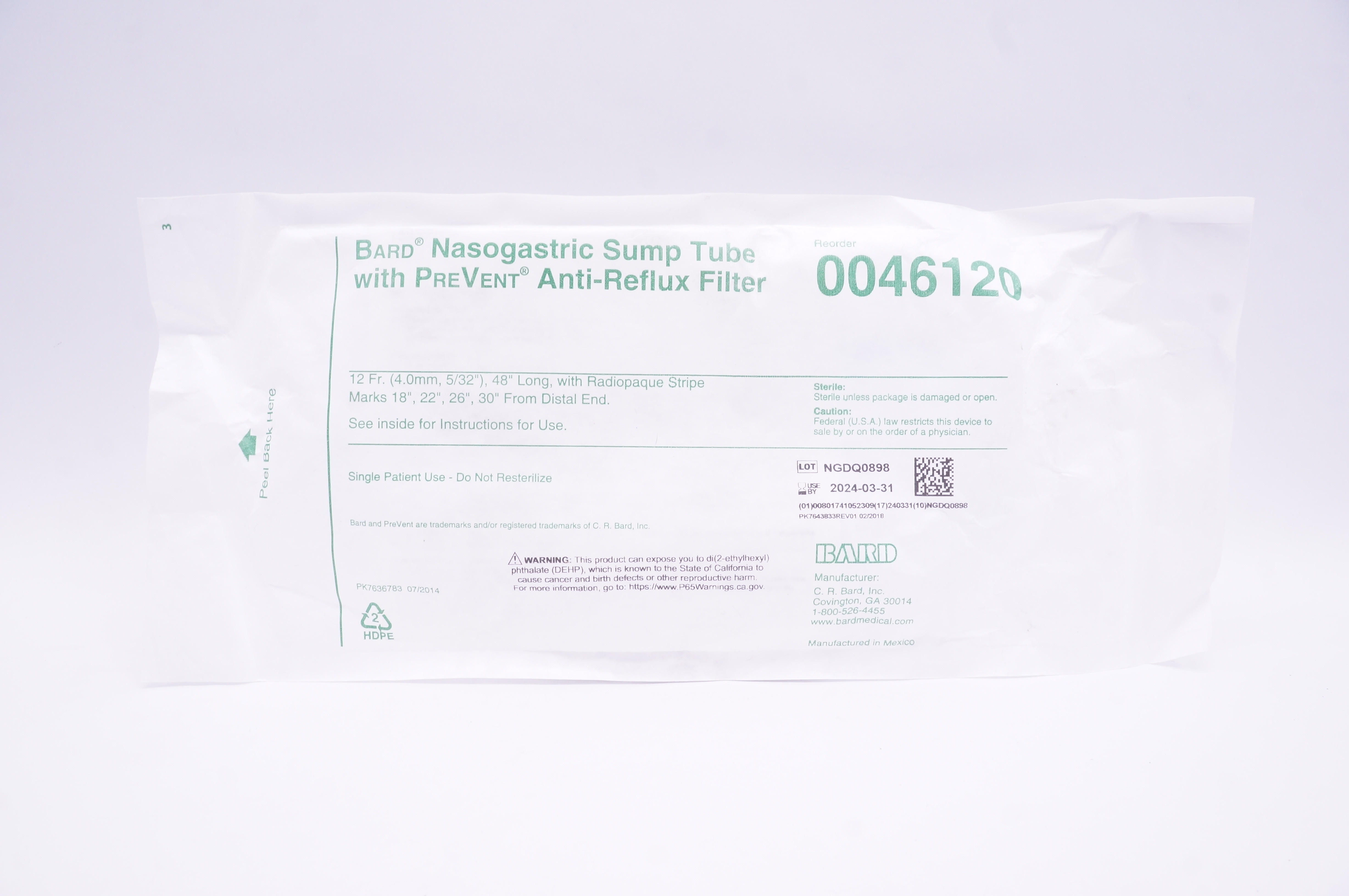 Bard 0046120 Nasogastric Sump Tube with PreVent Anti-Reflux Filter (x)