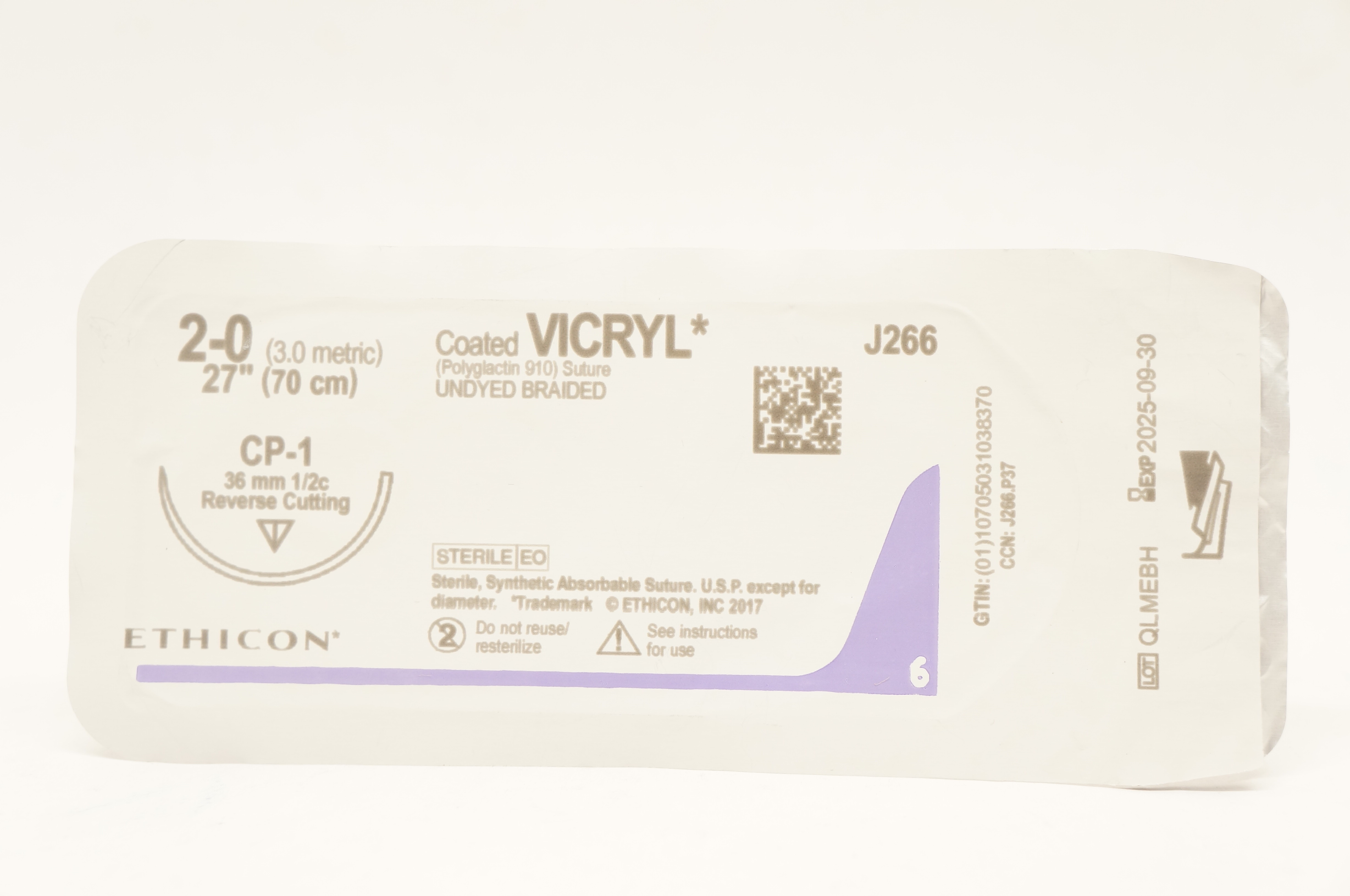 Ethicon J266 2-0 VICRYL CP-1 36mm 1/2c Reverse Cutting 27inch