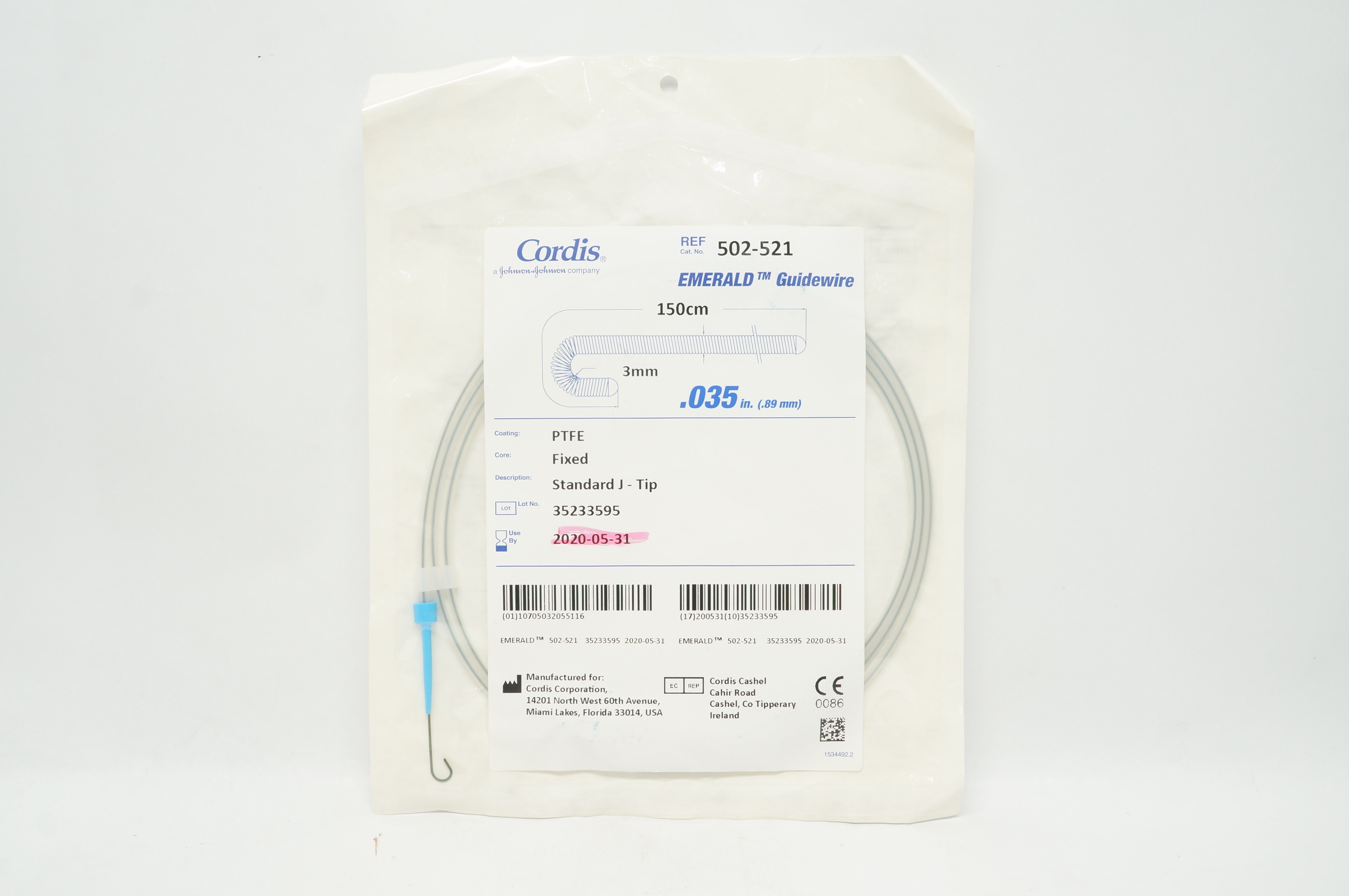 Cordis 502-521 Emerald PTFE Guidewire Standard J-Tip 0.035inch x 150cm (x)