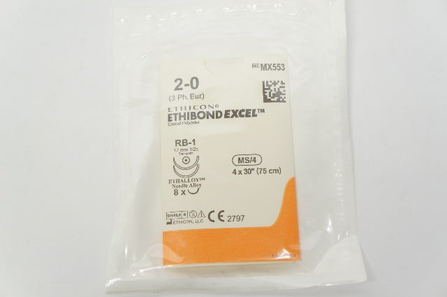 Ethicon MX553 2-0 Ethibond Excel, RB-1, 17mm 1/2c Taperpoint  4 x 30inch