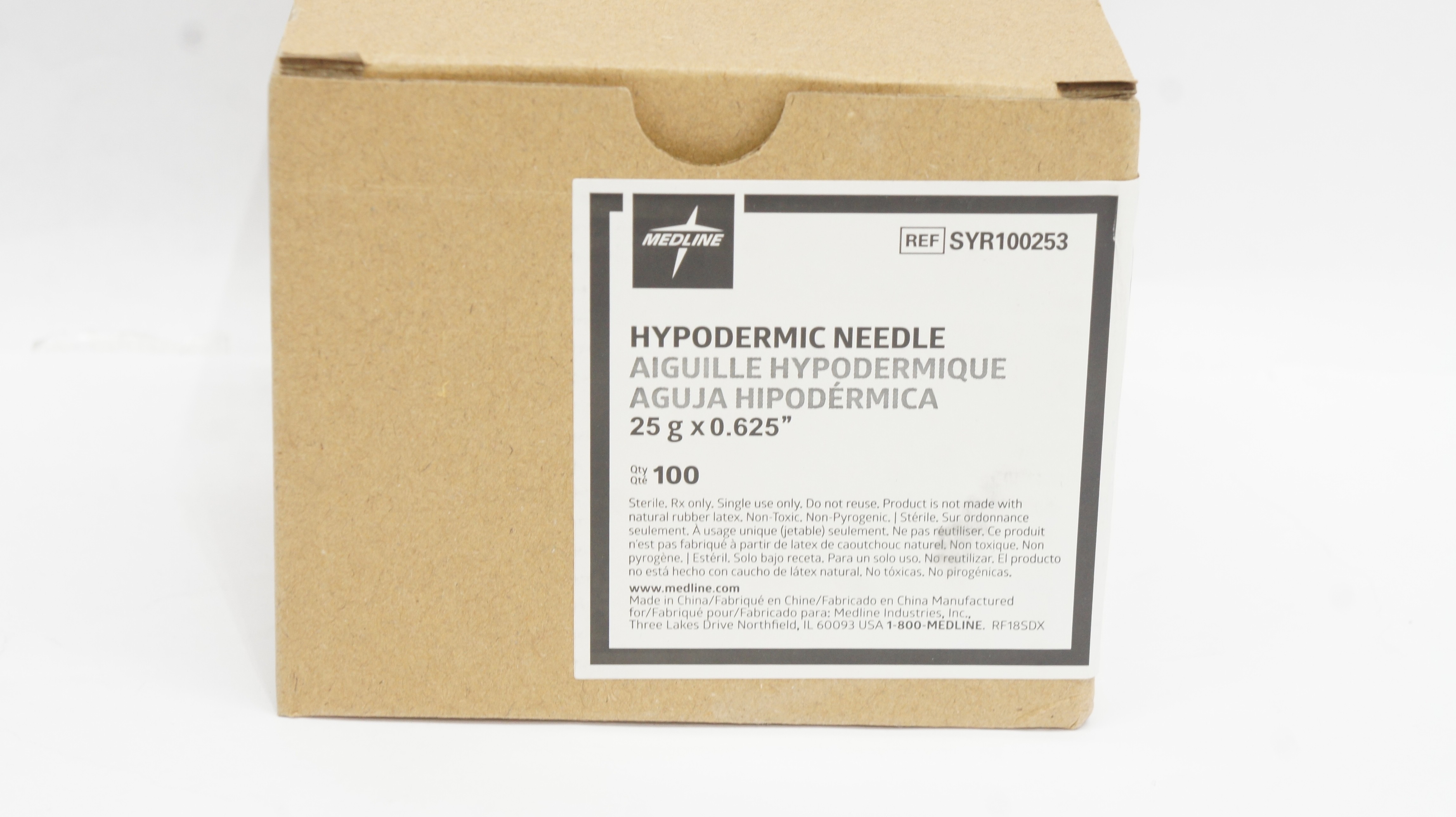 Medline SYR100253 Hypodermic Ndle 25G x 0.625inch - Box of 100