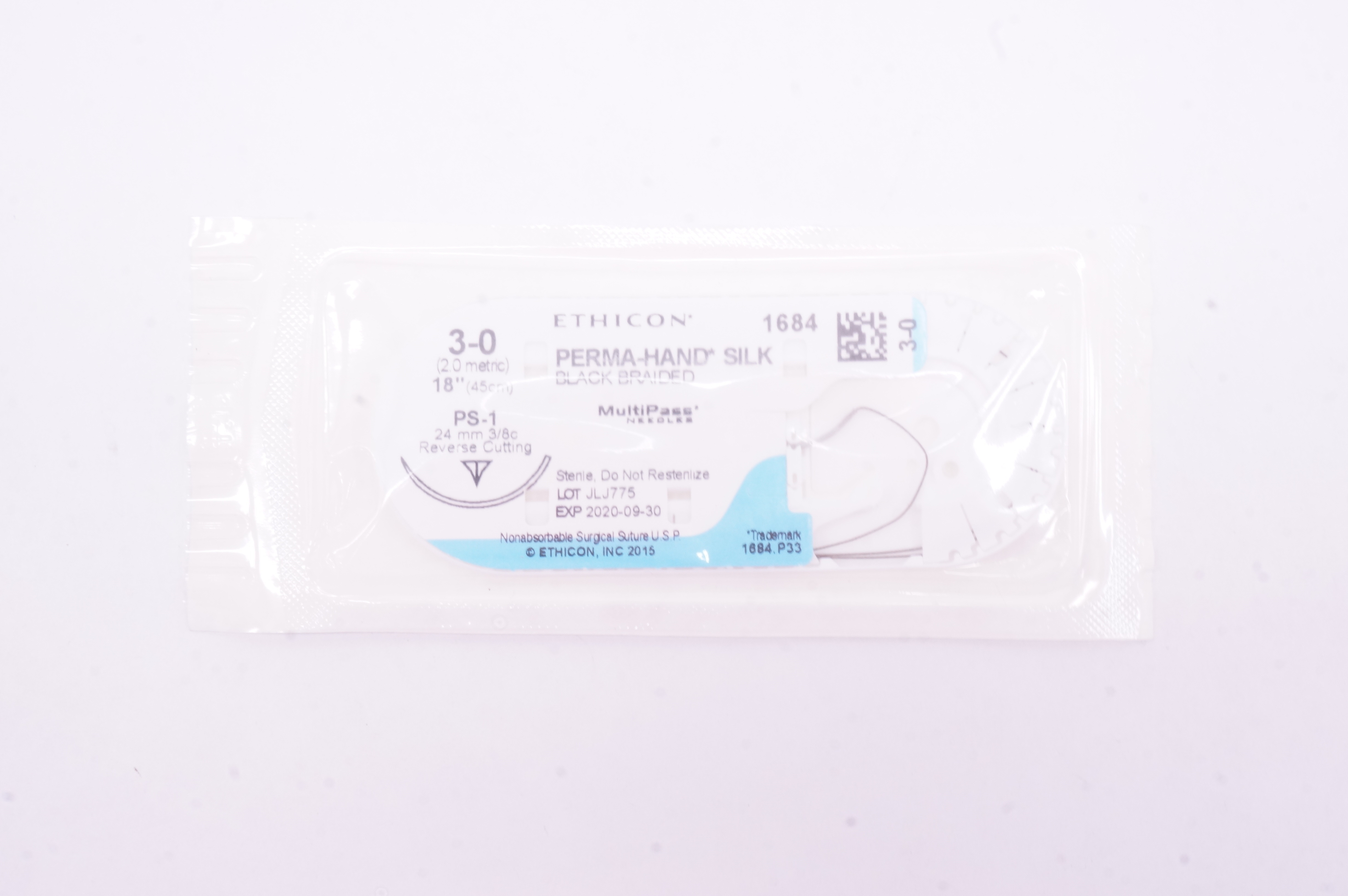 Ethicon 1684 3-0 Perma-Hand Silk Stre PS-1 24mm 3/8c Reverse Cutting 18 inch (x)