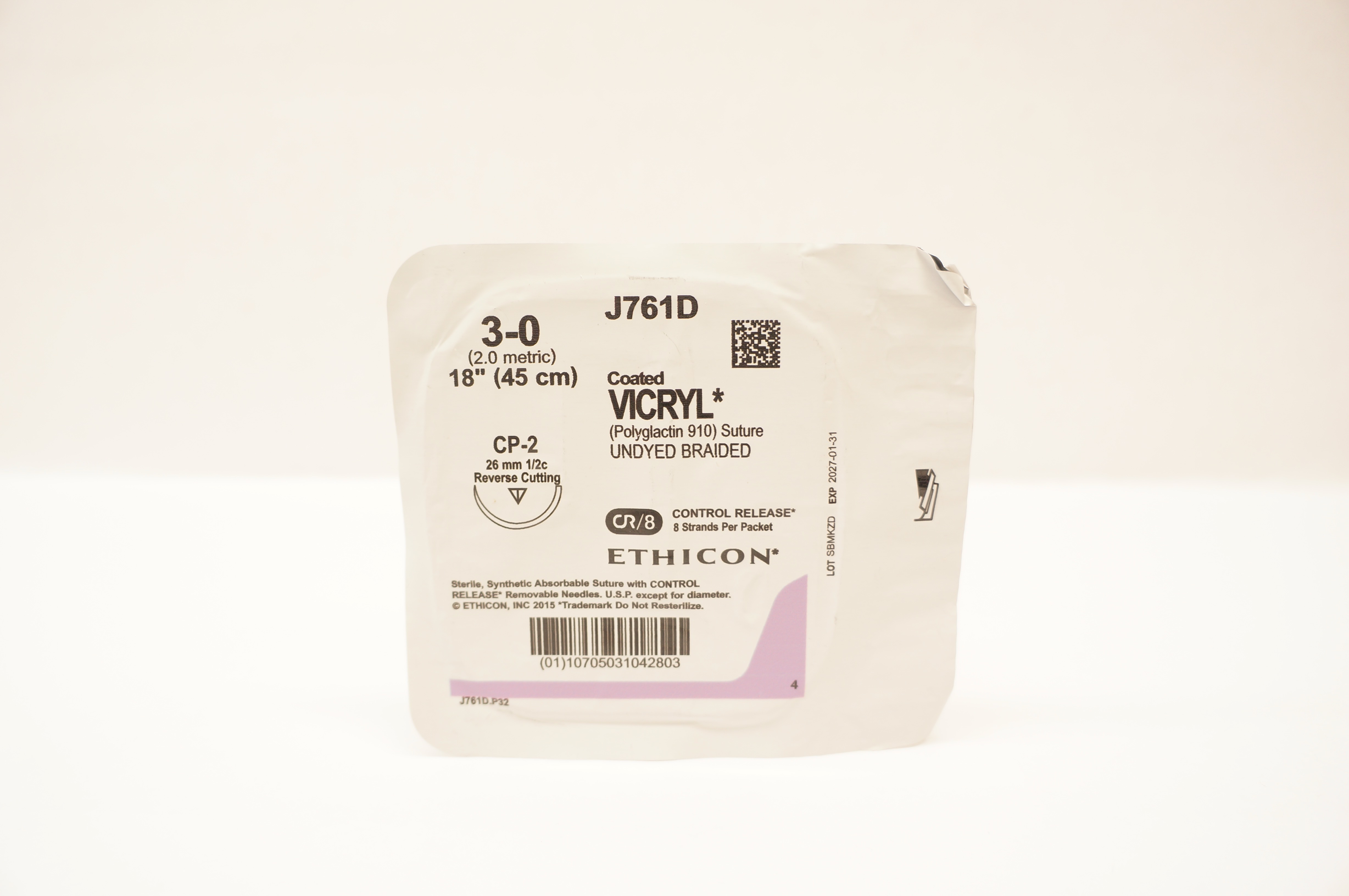 Ethicon J761D 3-0 Coated VICRYL, CP-2, 26mm 1/2c Reverse Cutting, 18inch