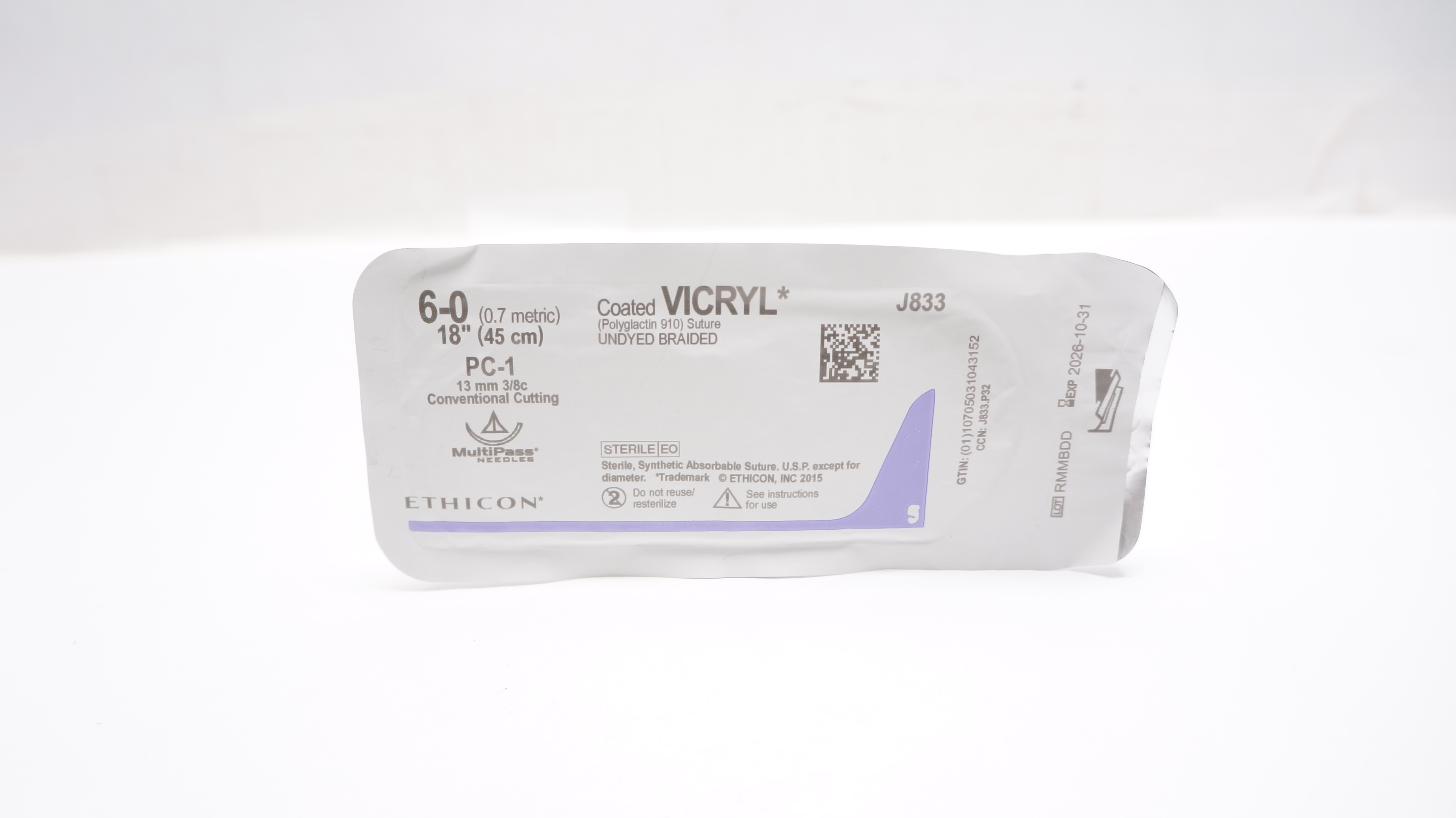 Ethicon J833 6-0 Coated Vicryl Stre PC-1 13mm 3/8c 18 inch