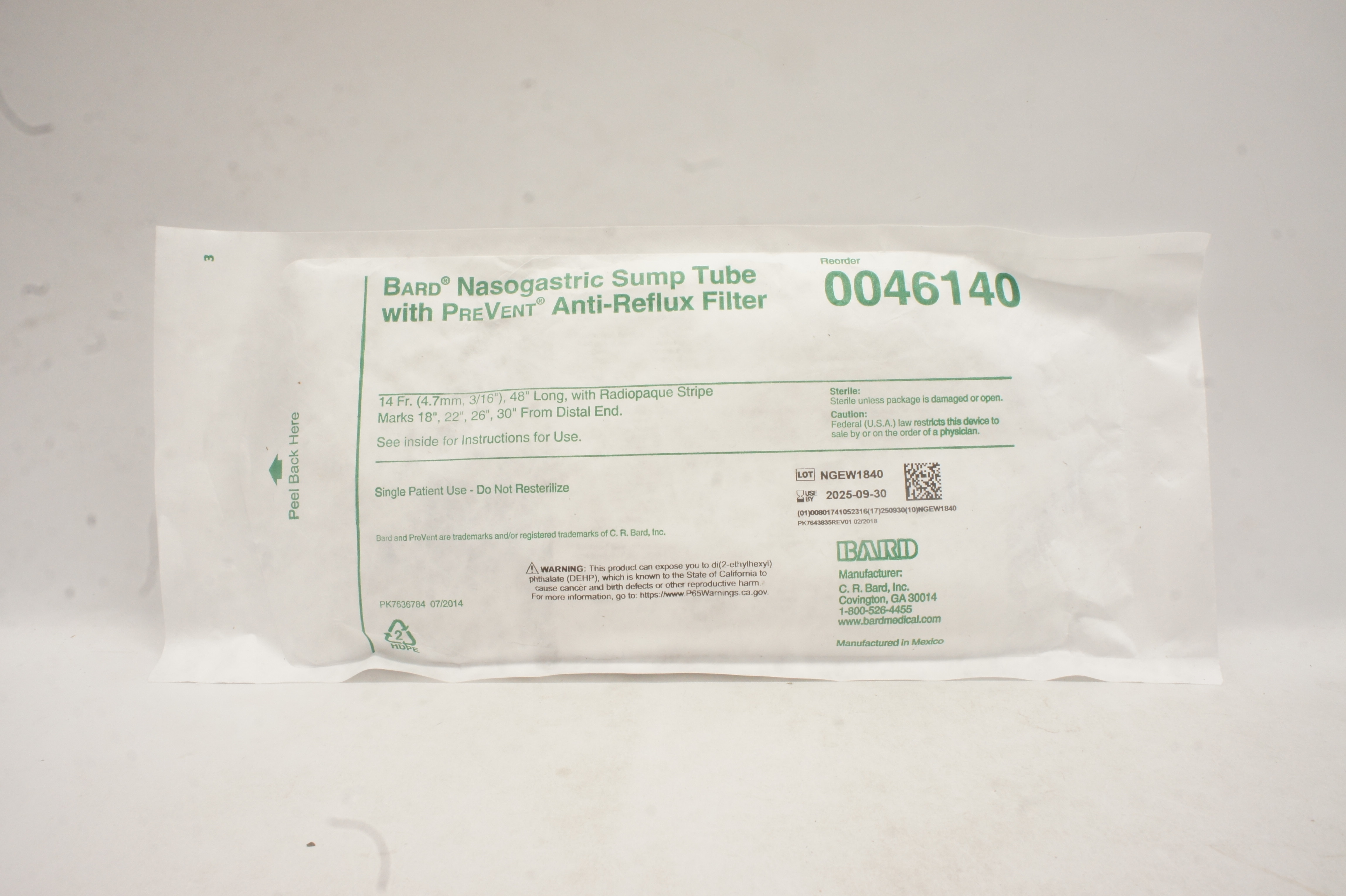 Bard 0046140 Nasogastric Sump Tube with PreVent Anti-Reflux Filter 14Fr. x 48inch